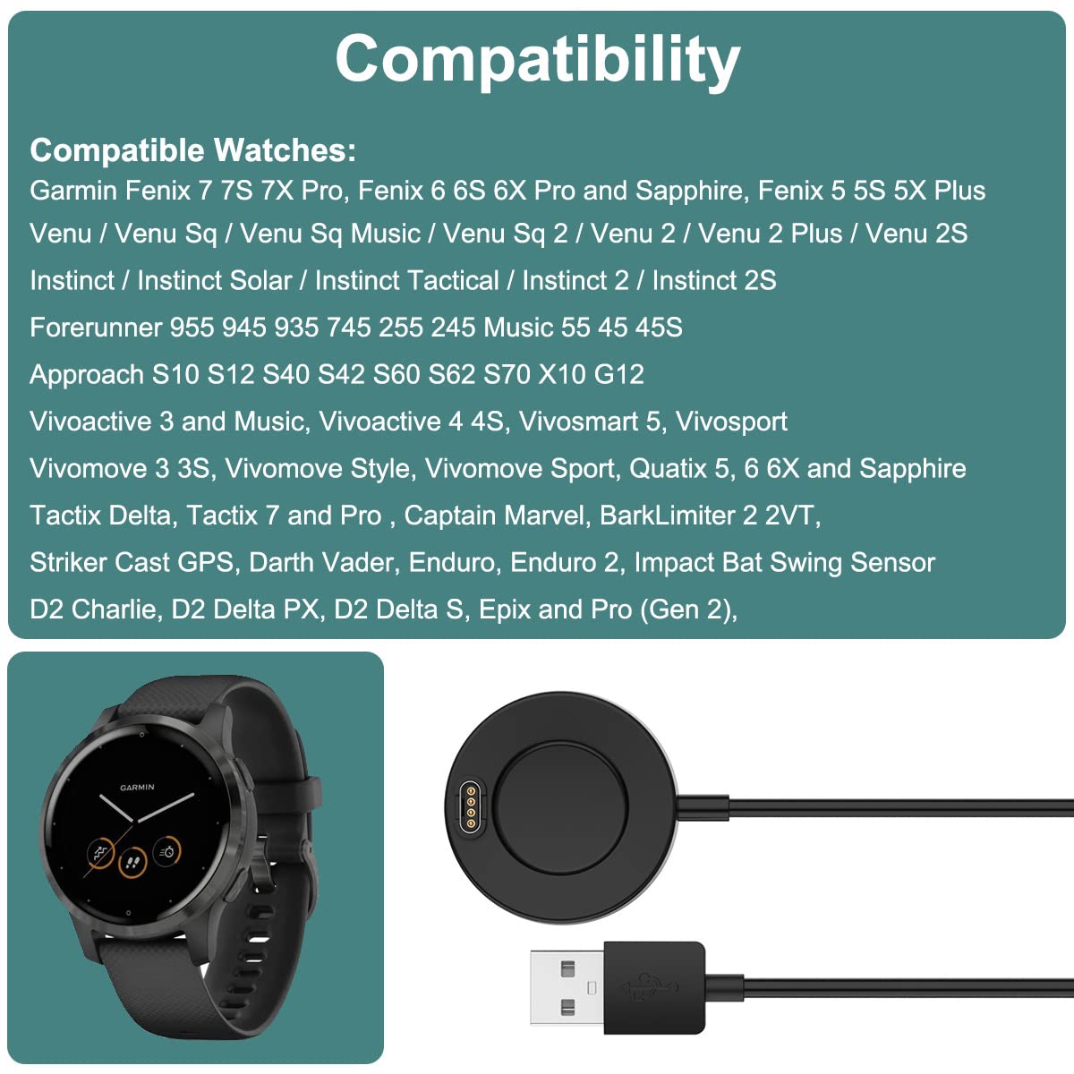 Charger For Garmin Forerunner 965 955 945 935 745 265 255 245 55 45, Approach S10 S12 S40 S42 S60 S62 S70, Fenix 7 7S 7X, Vivoac