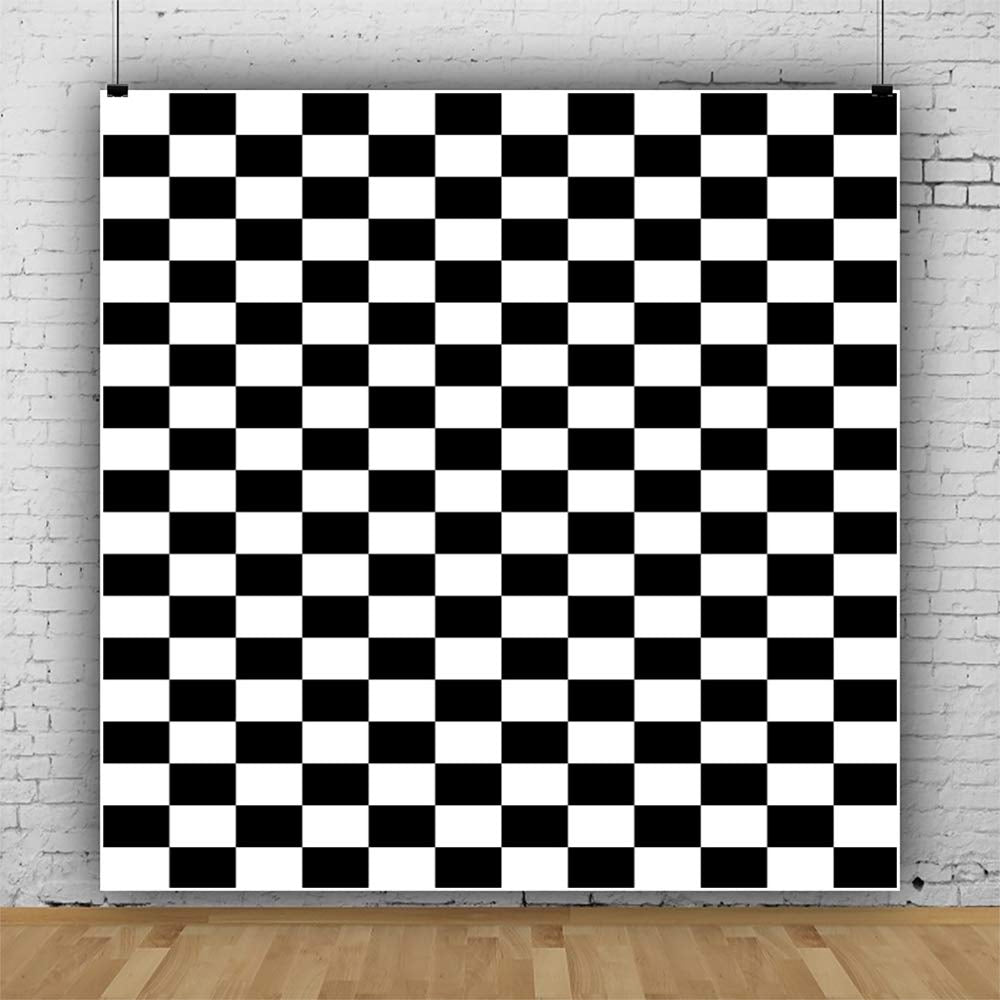 Laeacco 7X7Ft Black And White Checked Flag Photography Backdrop Cosplay Party Banner Racing Checker Texture Grid Birthday Chess