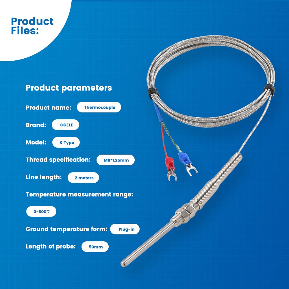 Cgele K Type Thermocouple Temperature Sensors 0~600?,2M/6.6Ft Wire Probe Length 50Mm Two Wire 50  5Mmstainless Steel Probe Tempe