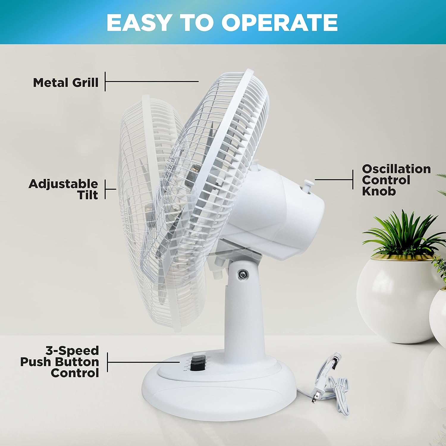 Comfort Zone Oscillating Table Fan With Adjustable Tilt, Convenient Push Button Controls, Quiet, 16 Inch, 3 Speed, Desk Fan, Air