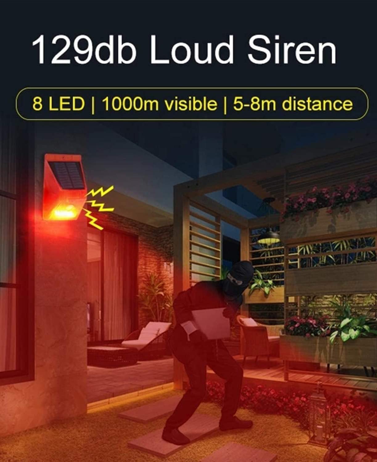 Chunhee Solar Alarm Strobe Light With Remote Control Motion Sensor Detector Outdoor Alarm 129Db Sound Security Siren Ip65 Waterp