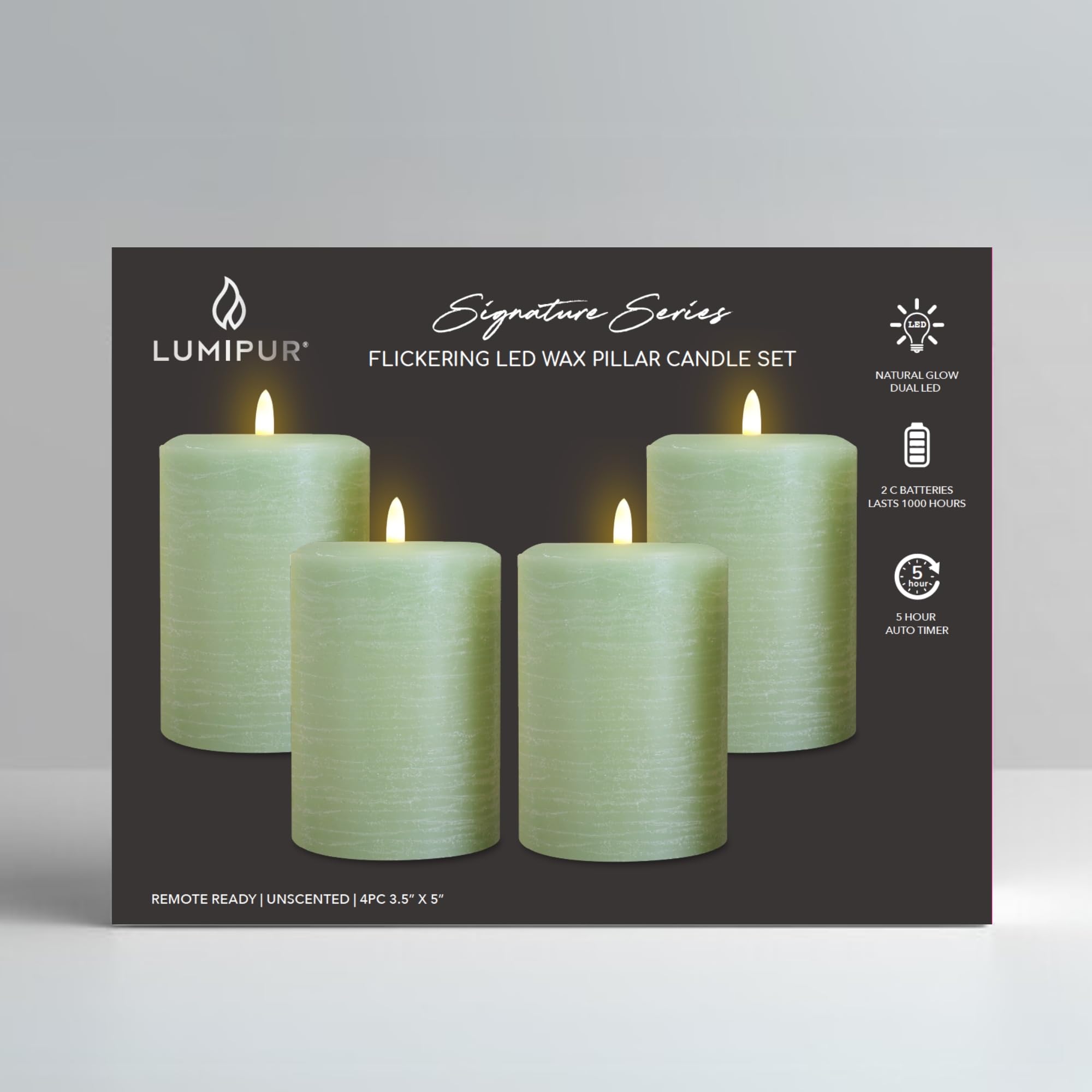 Lumipur Signature Collection Natural Glow Flickering Flameless 4 Pack Led Wax Pillar Candle (4 Pack 3.5'' X 5'', Sage Green)