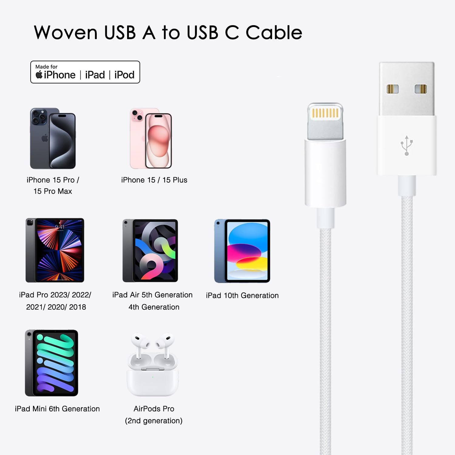 Car Carplay Lightning Woven Cable, Usb A To Lightning Cable For Apple Iphone 14, 14 Pro Max,13,Plus,Se 2Nd/12/11/Xs/Xr, Ipad 4/5