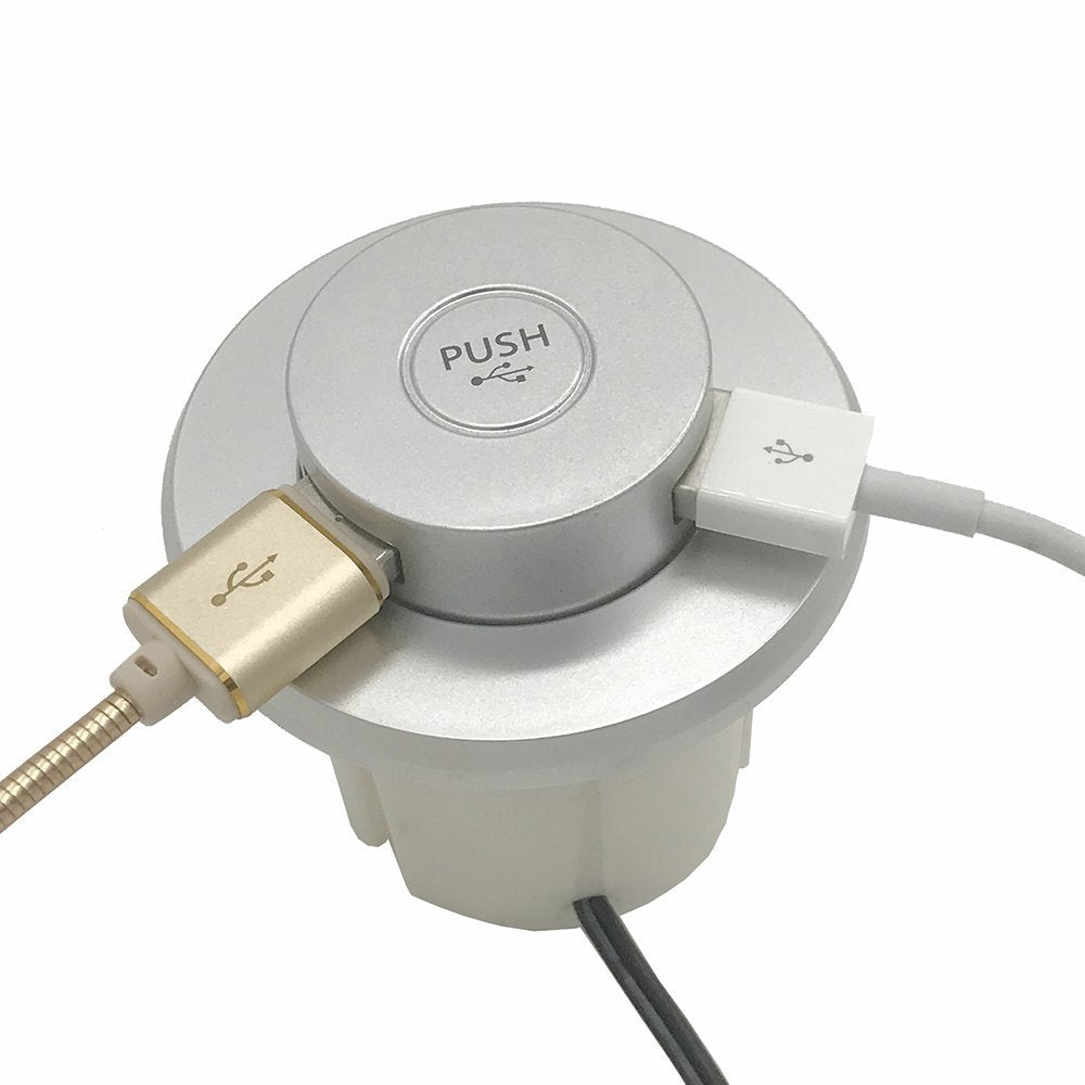 4 LEAF Desk USB Power Grommet Hub, Pop-Up Recessed Outlet, 2 USB Ports, Silver, Model PT-0012, Durable ABS Material