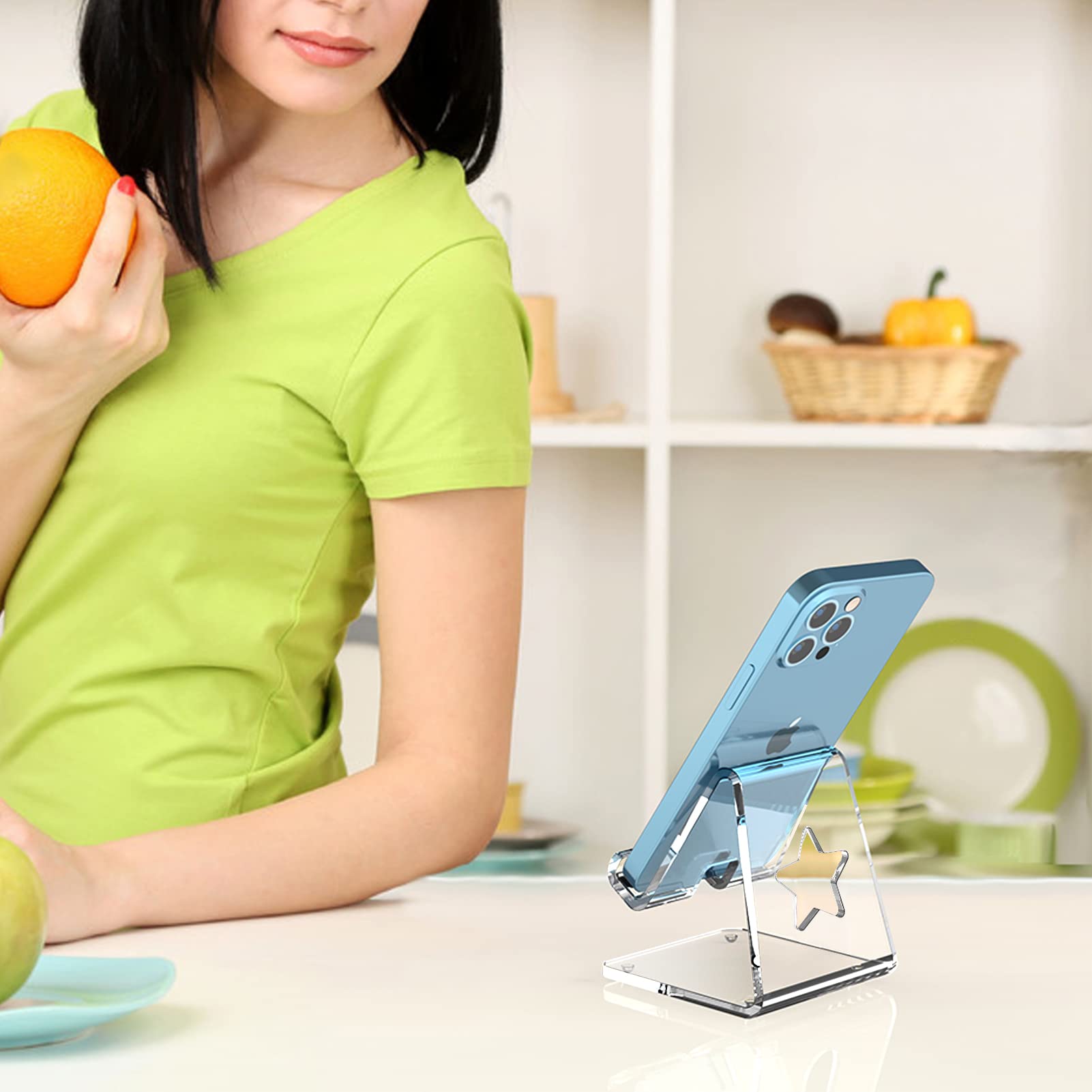 Crpich Acrylic Cell Phone Stand For Desk, Clear Phone Holder With Star Shaped Charging Hole, Compatible With Phone15 14 13 12 Pr