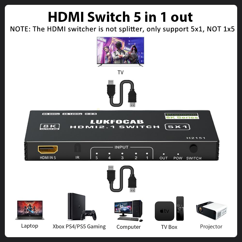 Hdmi 2.1 Switch 5 In 1 Out 8K 60Hz, 5 Port Hdmi Switcher Selector Box With Remote, 4K@120Hz Hdmi Switch 5X1 Support 48Gbps, Hdr