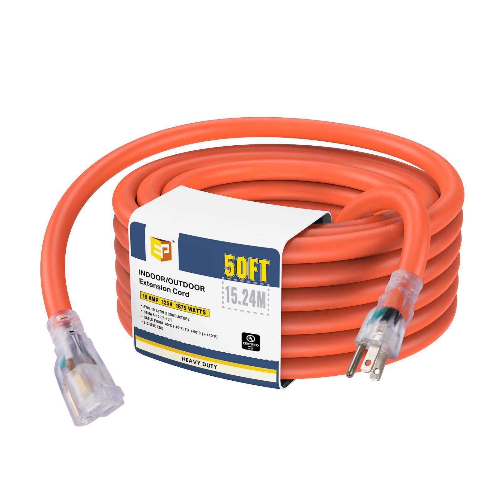 Ep 50 Ft Lighted Outdoor Extension Cord   10/3 Sjtw Heavy Duty Orange Extension Cable With 3 Prong Grounded Plug For Safety, Ul