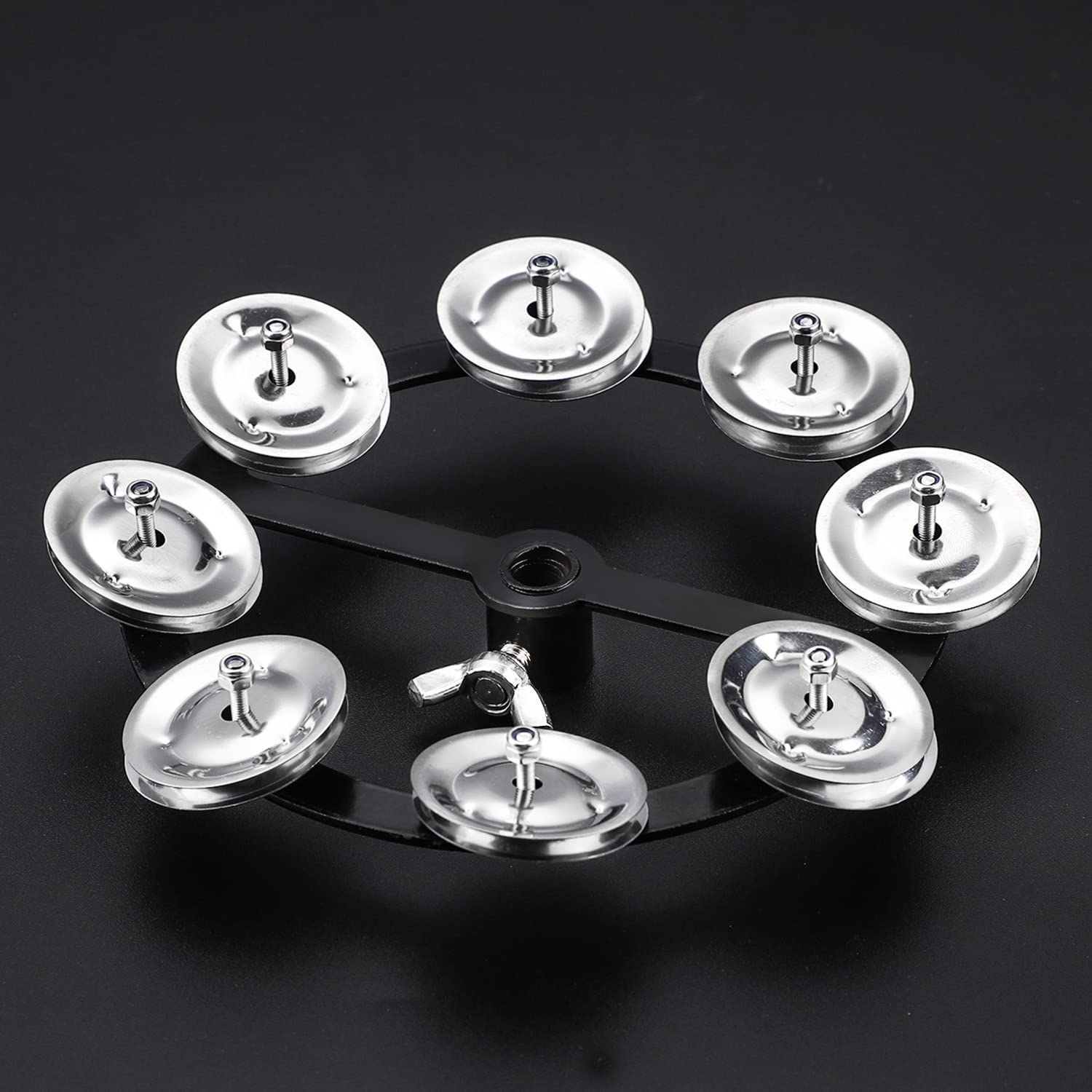 Facmogu 5.5 Inch Mountable Cymbal Hi Hat Tambourine With Single Row 8 Pair Stainless Steel Jingles 37Cm/1.5In, Drum Set Tambourine With Wing Nut Mount & Durable Alloy Construction For Hihats   Black