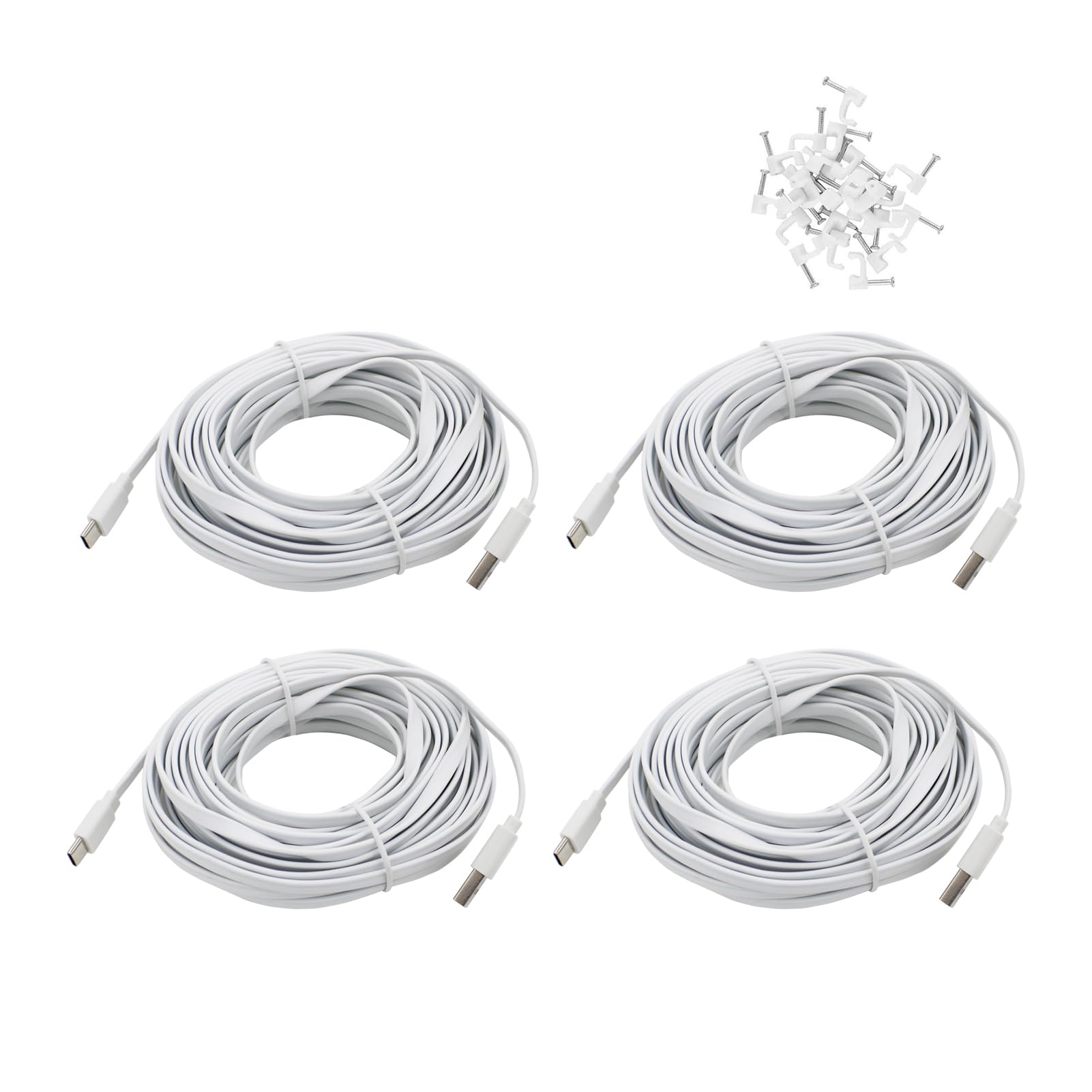 4 Pack 25 Ft Usb C Cable Type C Extension Cord For Cctv Wifi Security Camera, Flat Waterproof Wire Clips