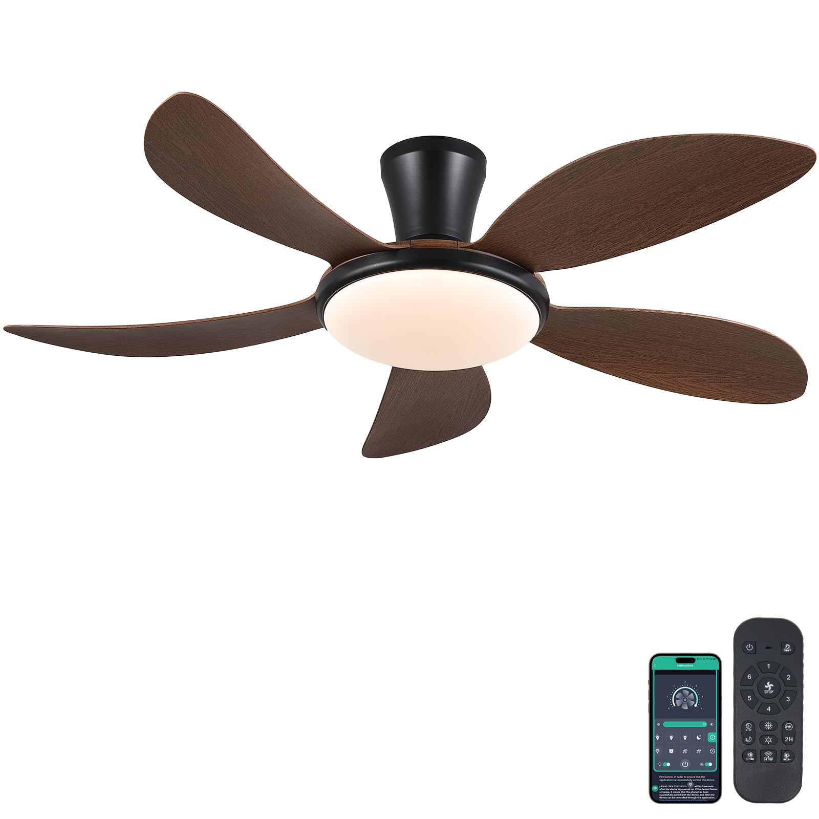 PHORUS Low Profile Ceiling Fans with Lights and Remote/APP,48 Inch Modern LED Ceiling Fans with Quiet Reversible DC Motor, Dimma