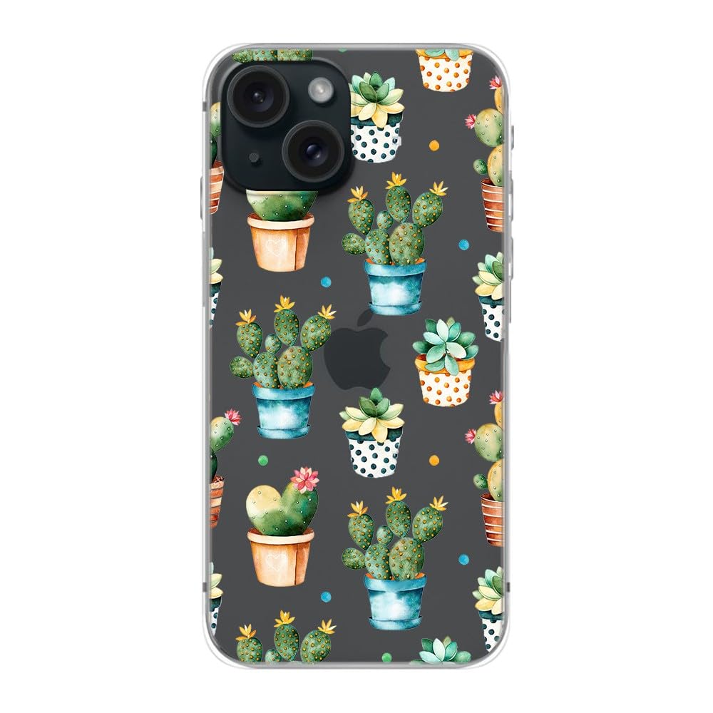 Blingy'S For Iphone 15 Case, Cute Cactus Pattern Fun Floral Succulents Design Transparent Soft Tpu Protective Clear Case 6.1 Inc