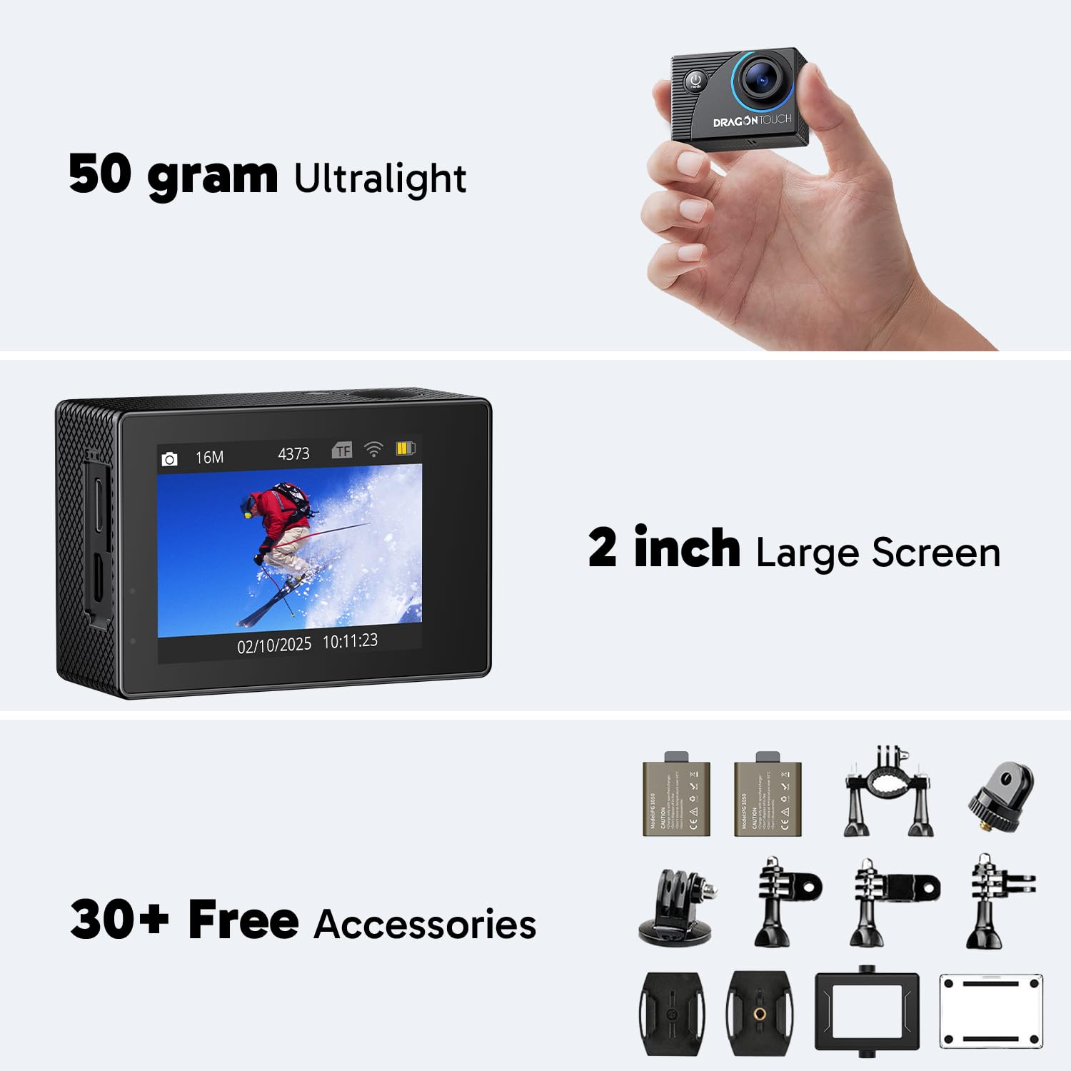 Dragon Touch 4K Action Camera 20Mp Vision 3 Underwater Waterproof Camera 170    Wide Angle Wifi Sports Cam With Remote 2 Batteri