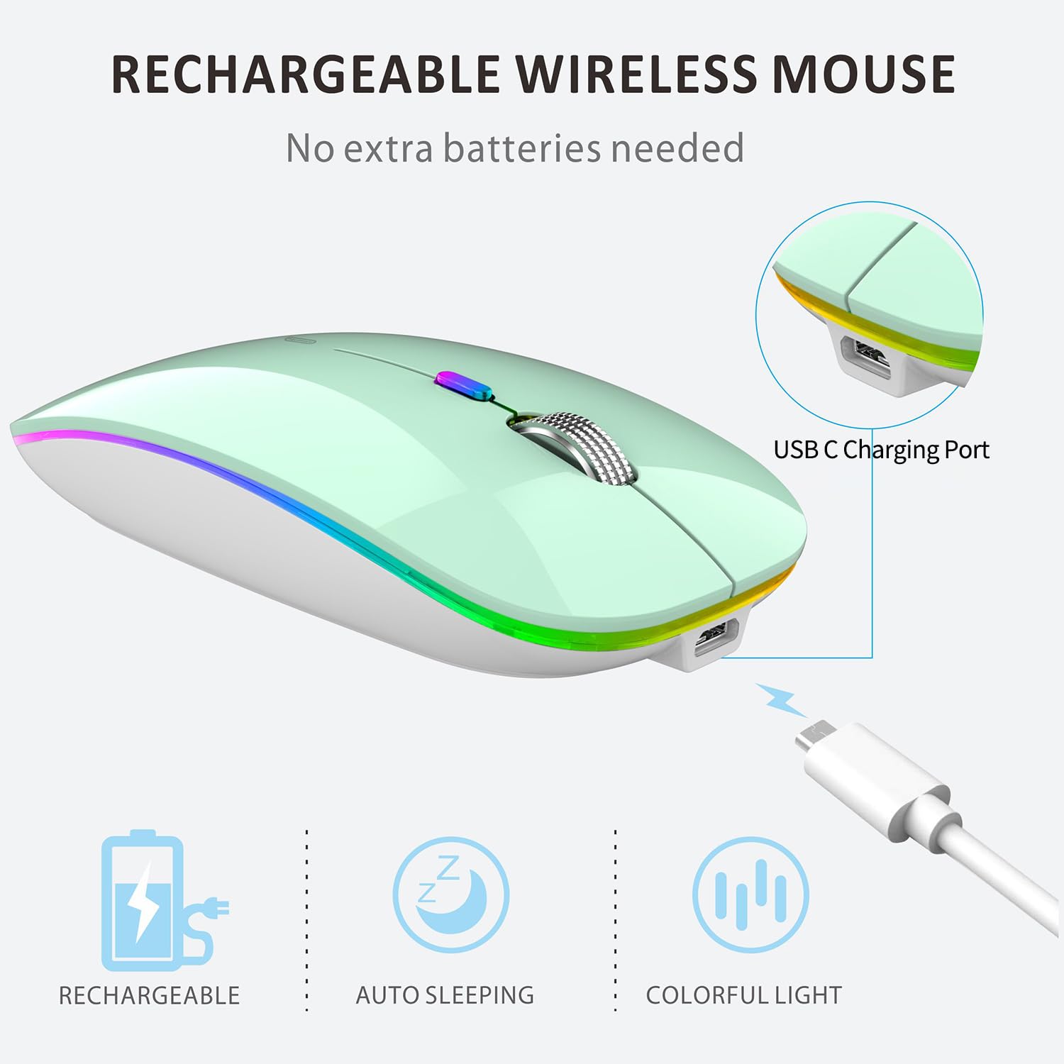 Uiosmuph Led Wireless Mouse, G12 Slim Rechargeable Wireless Silent Mouse, 2.4G Portable Usb Optical Wireless Computer Mice With