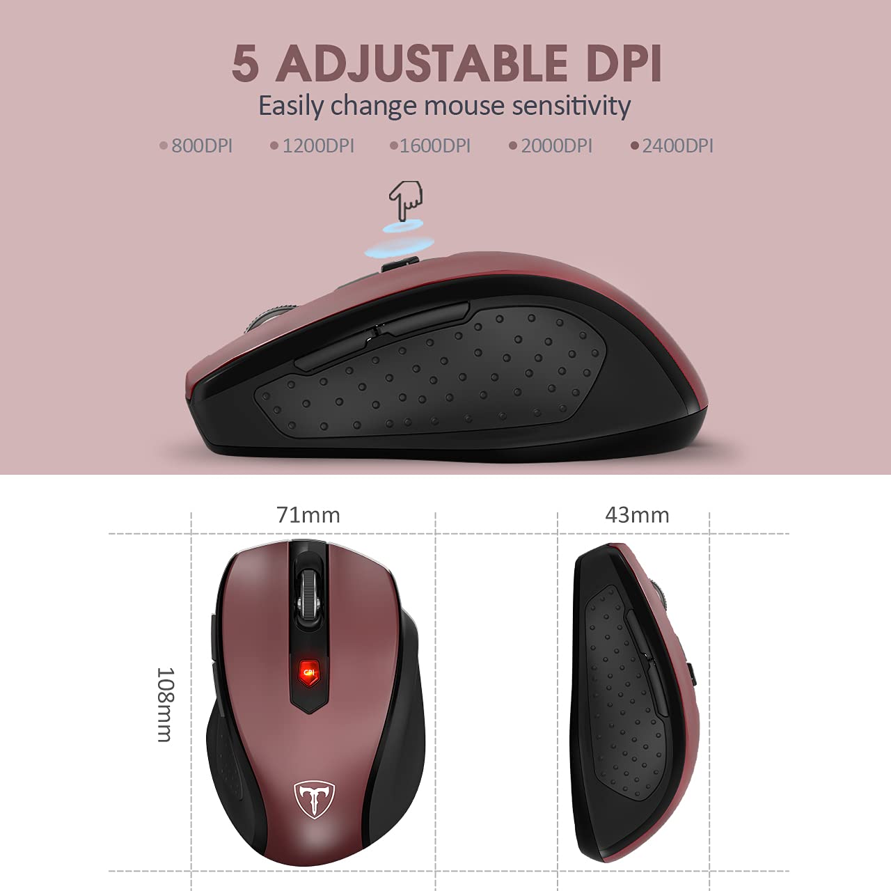 Hotweems Wireless Mouse, D 09 Computer Mouse Usb Cordless Mice For Laptop, Ergo Grips, Lightspeed 5 Level 2400 Dpi, 16 Months Battery, Portable For Pc Mac Chromebook (Red, 1 Pack)