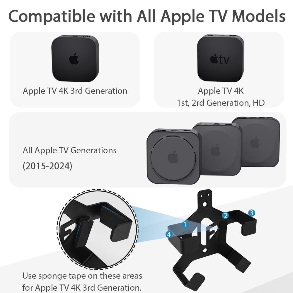 Ifcase Wall/Under Desk/Back Of Tv Mount Compatible With All Apple Tv Generations (Including All 4K Models) With Hdmi Cable 3.3Ft