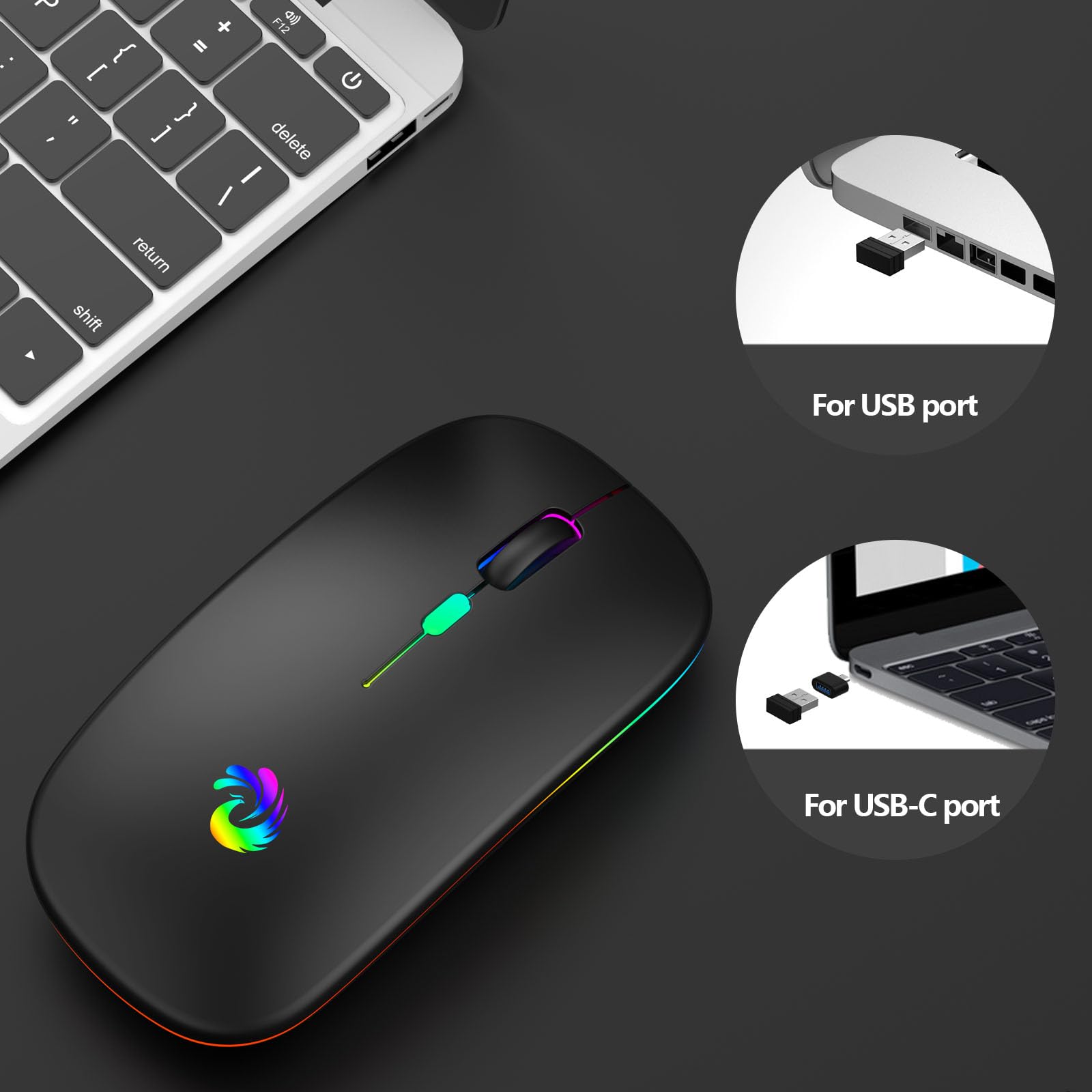 Amzcase Led Wireless Mouse, Rechargeable Slim Silent Mice 2.4G Portable Office Optical Mouse With Usb Receiver And Type C Adapte