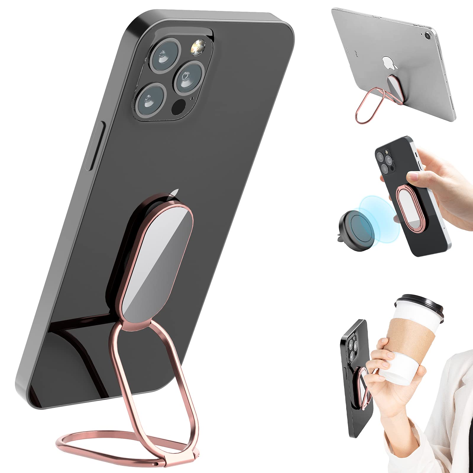Phone Ring Holder Finger Kickstand, 360 Rotation Metal Phone Grip For Magnetic Car Mount Foldable Cell Phone Stand Compatible Wi