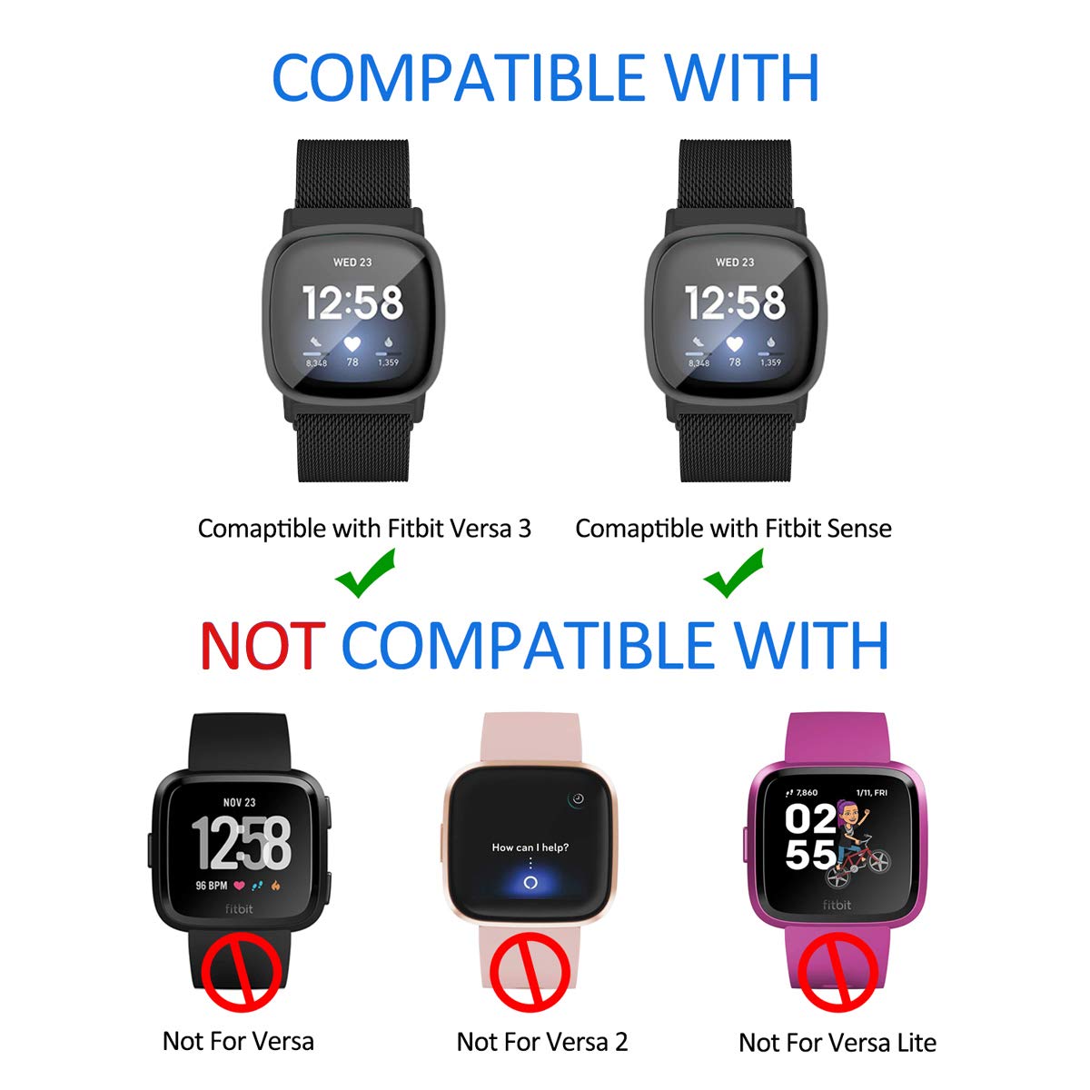 Maxjoy Compatible With Fitbit Sense/Versa 3 Bands, Versa3 Stainless Steel Metal Band Mesh Replacement Bracelet Wristband With Pr