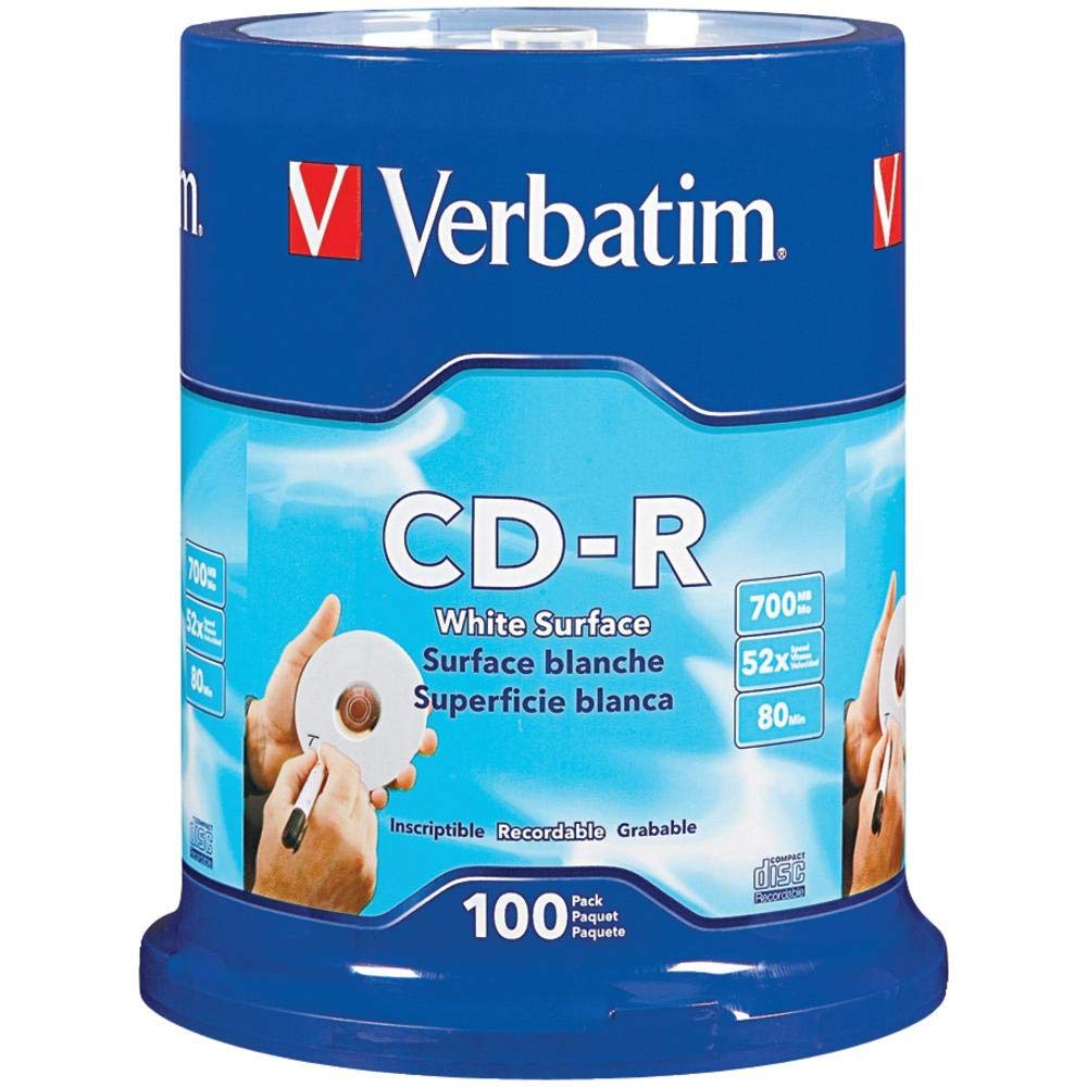 Verbatim CD-R Blank Discs 700MB 80 Minutes 52x Recordable Disc for Data and Music with Blank White Surface - 100 Pack Spindle