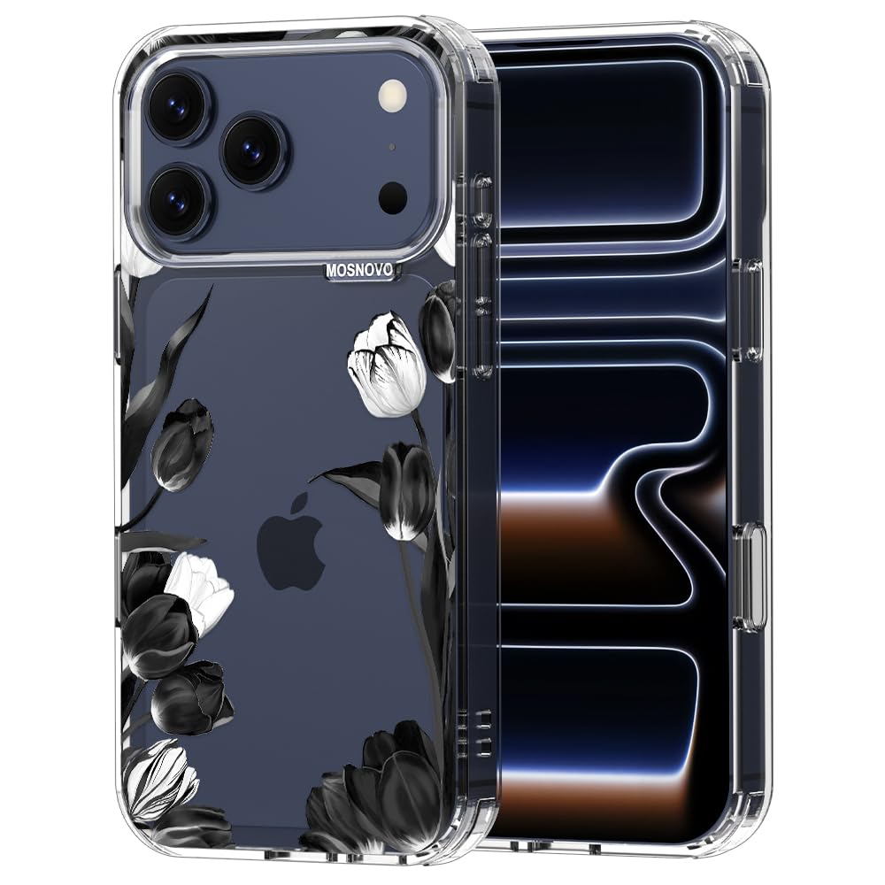 MOSNOVO for iPhone 17 Pro Max Case | Military Grade 6.6ft Drop Tested | Camera Control | Clear with Black White Tulips Design