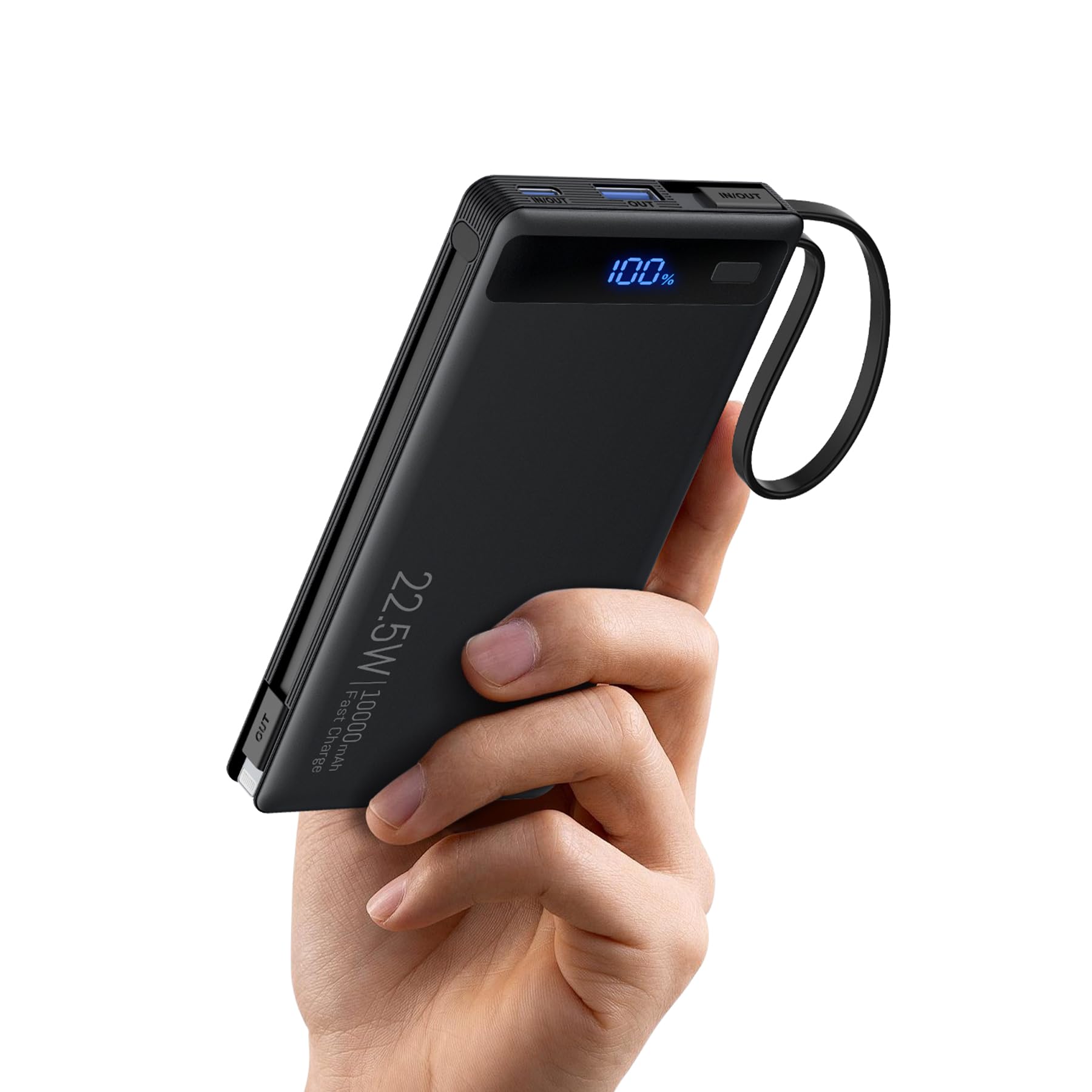 10000mAh Power Bank Builtin 2 Cables, 22.5W PD Slim Fast Portable Charger