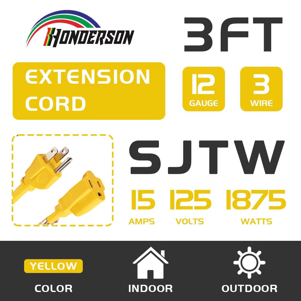Honderson Extension Cord Weatherproof, Ul Listed, 12 Gauge 3Ft Yellow 3 Prong Heavy Duty, 12/3 Sjtw 15A Power Cord For Lights, A
