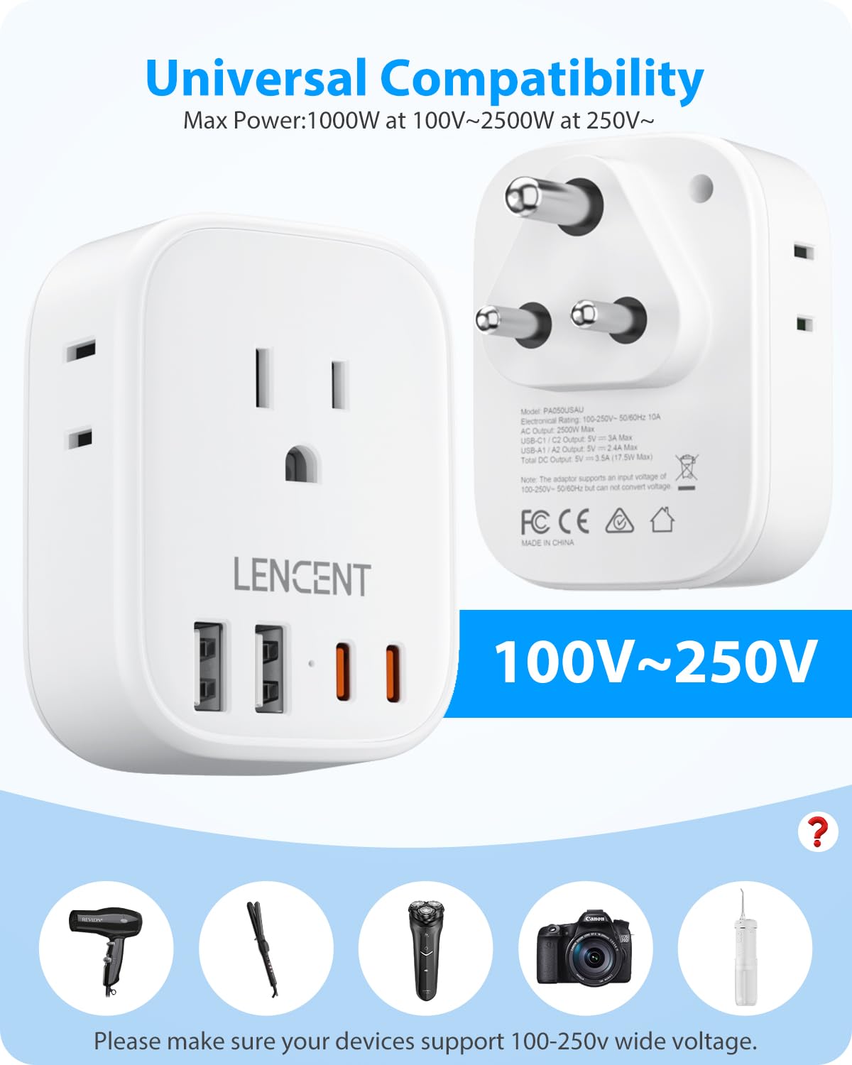 Lencent Us To India Power Plug Adapter, Indian Travel Adaptor With 4 Outlets, 4 Usb Charger(2 Usb C), Type D Plug Converter For