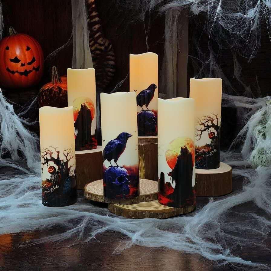 Halloween Flameless Led Candles, Set Of 6, Gothic Design With Remote Control, 6 In X 2.15 In, 2Aa Battery Operated 400+ Hours, T