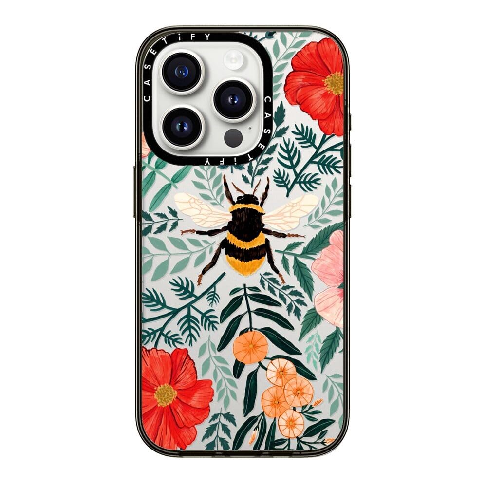Casetify Compact Iphone 15 Pro Case [2X Military Grade Drop Tested / 4Ft Drop Protection]   Bee In The Flowers   Clear Black