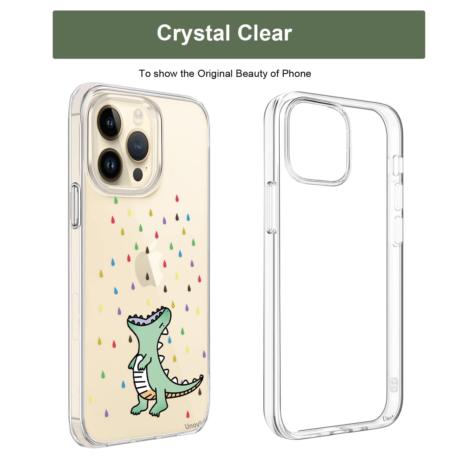Unov iPhone 14 Pro Clear Phone Case Embossed TPU Rainbow Dinosaur 6.1 Inch