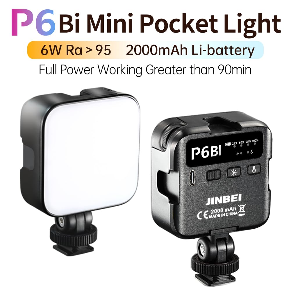 Jinbei P6 Bi Color Mini Video Light Led Camera Light 2700K 7500K With 4 Cold Shoe Mount Cri 95+ 2000Mah Rechargeable Portable Ph