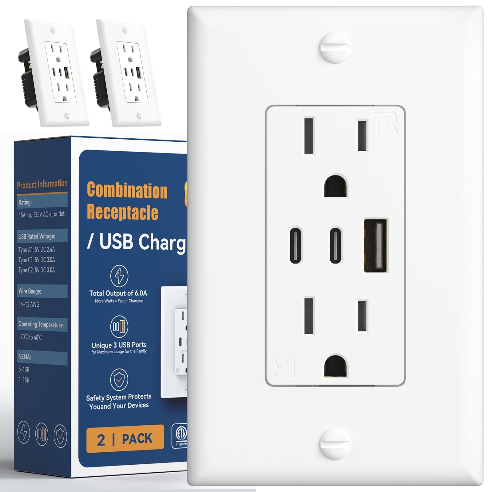 Amico 6.0A Usb Outlet 2 Pack, 3 Port 30W Wall Outlets With 2 Type C & 1 Type A, 15 Amp Receptacle Plug, Tamper Resistant Recepta