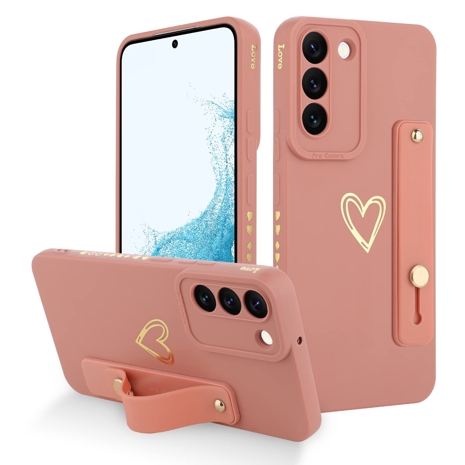 Fiyart Galaxy S22 5G Case   Love Hearts Pattern, Slim Protective Cover With Stand, Wrist Strap, Camera Protection   Pink