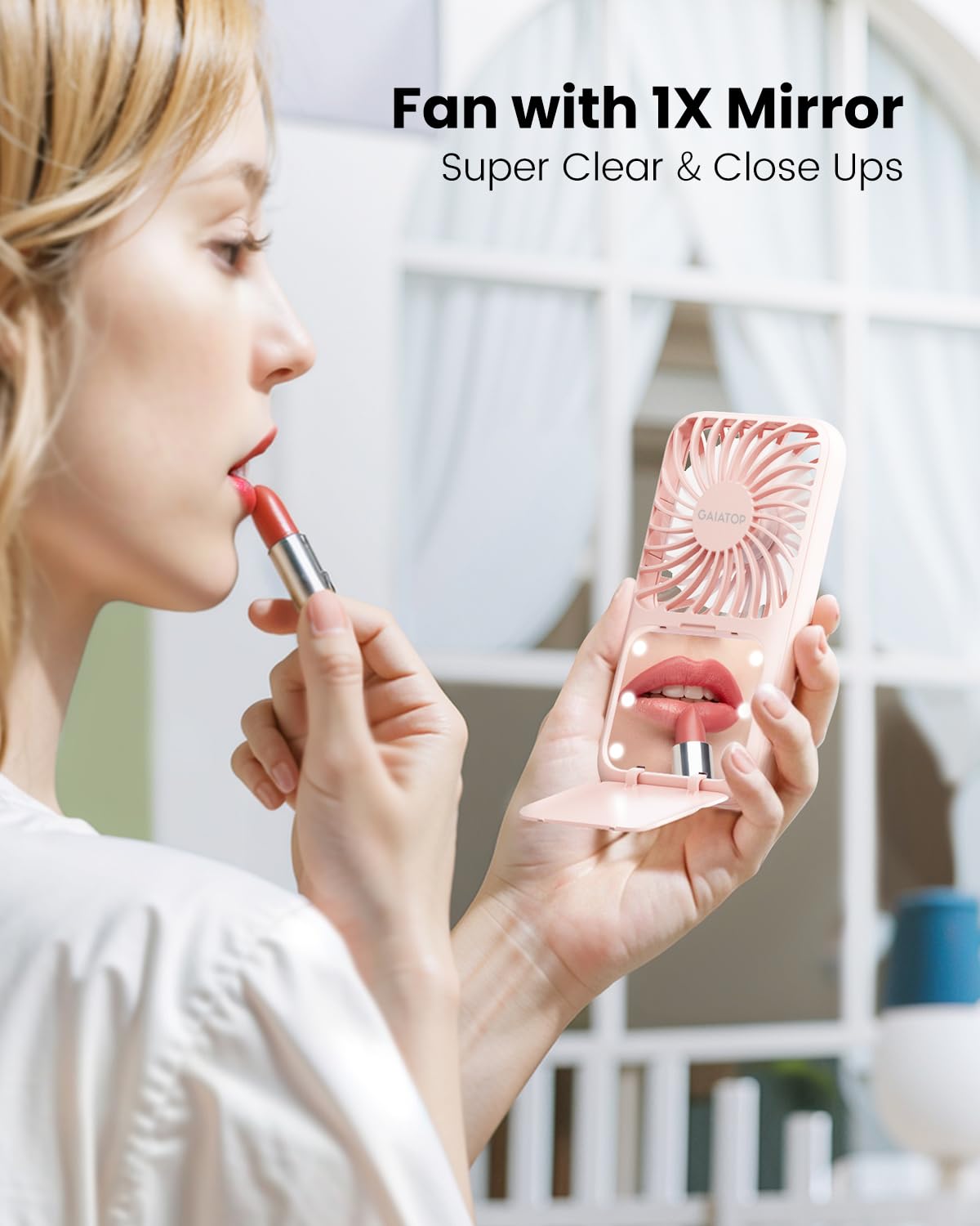 Gaiatop Handheld Mini Fan, 3 Speed Portable Lash Fan Makeup Mirror With Led Light, 2000Mah Usb Rechargeable Personal Desk Fan Wi