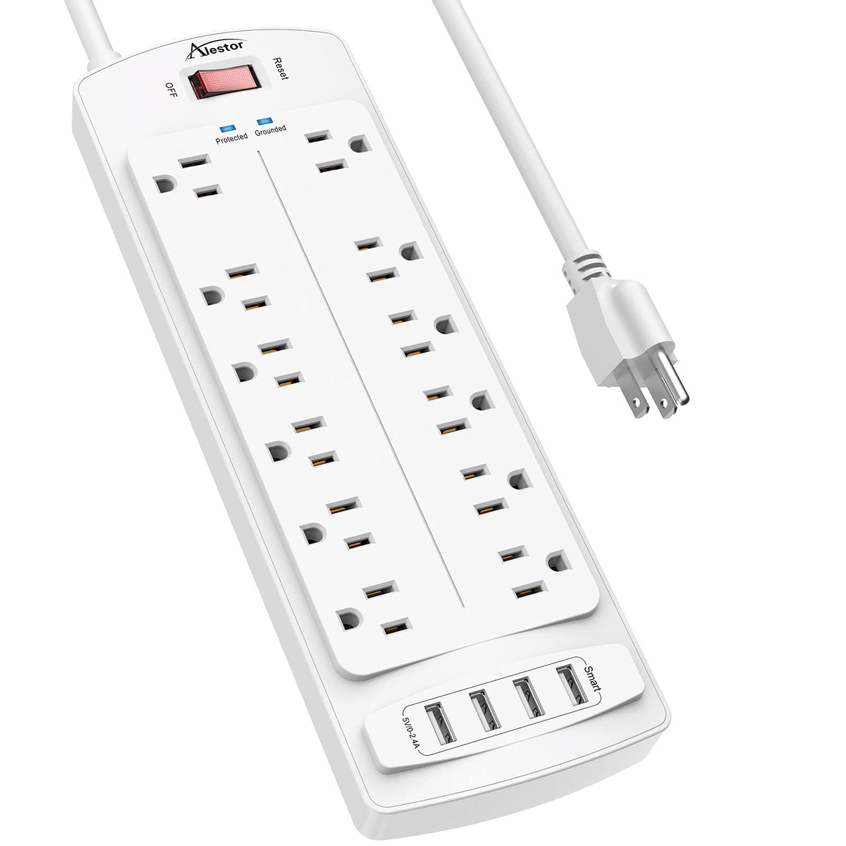 Power Strip,Alestor Surge Protector With 12 Outlets And 4 Usb Ports, 6 Feet Extension Cord (1875W/15A) For For Home, Office, Dor