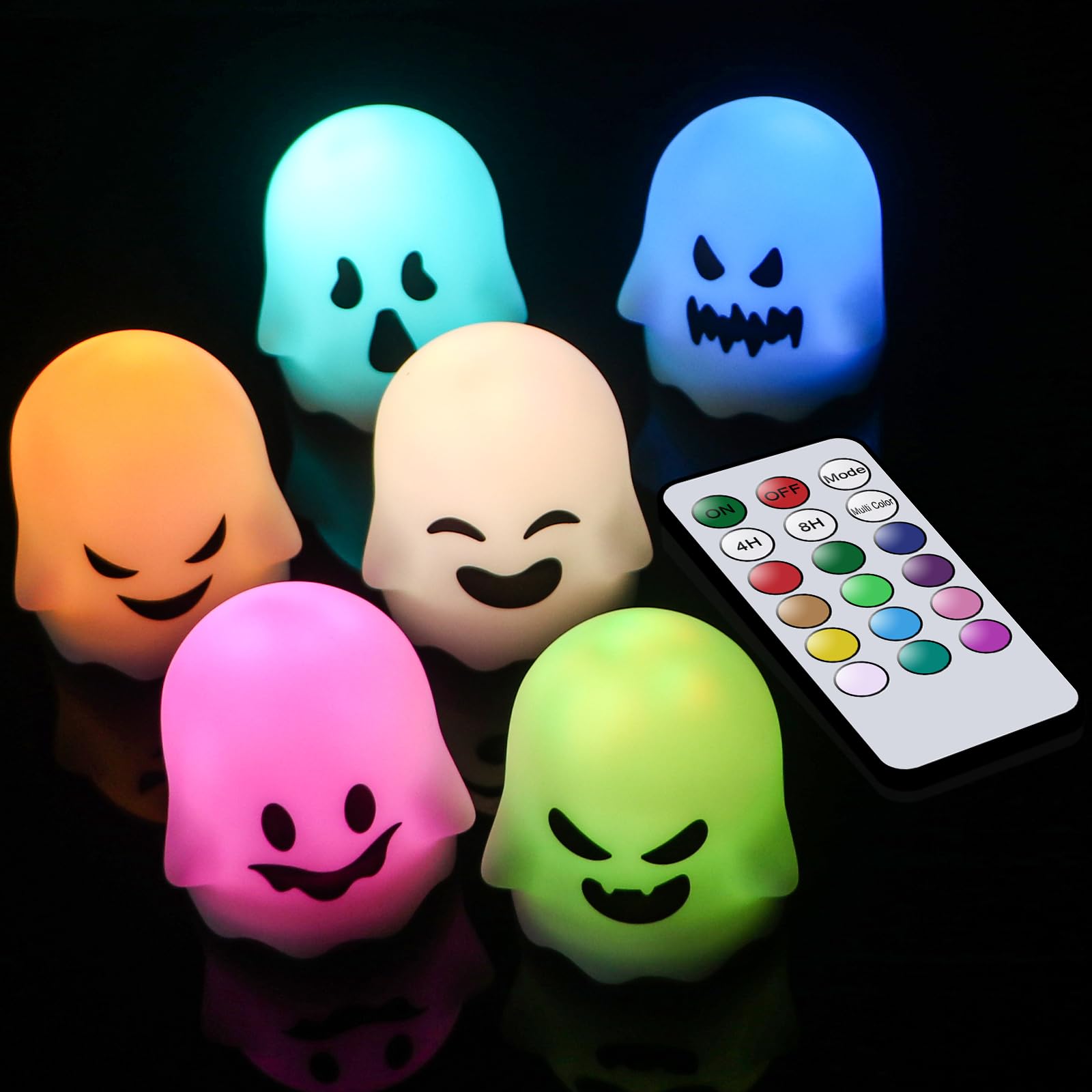 Lasumora Ghost Halloween Decorations Flameless Candles With Remote Timer, 6 Pack Grimace Ghost Candles Tea Lights Battery Operat
