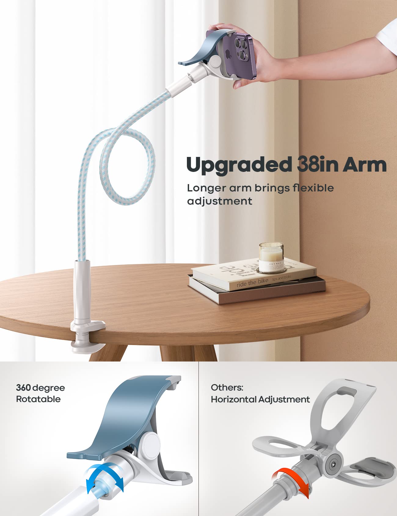 Lamicall Gooseneck Phone Holder Bed   [Nylon Braided] Flexible Arm, Overall Length 38Inch, 360 Adjustable Clamp Clip, Overhead C