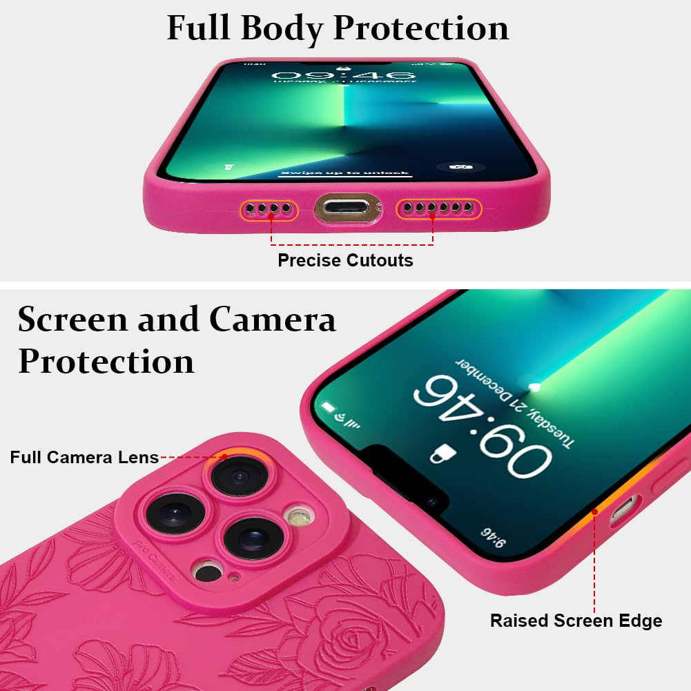 Lsl Case For Iphone 13 Pro Hot Pink Floral Flower Pattern Print Case Soft Tpu Full Camera Lens Anti Drop Anti Scratch Shockproof
