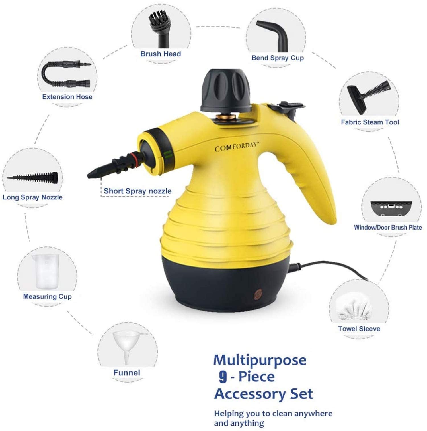 Comforday Multi-Purpose Handheld Steam Cleaner - 9-Piece Accessories, Yellow, Perfect for Stain Removal, Curtains, Car Seats, and More