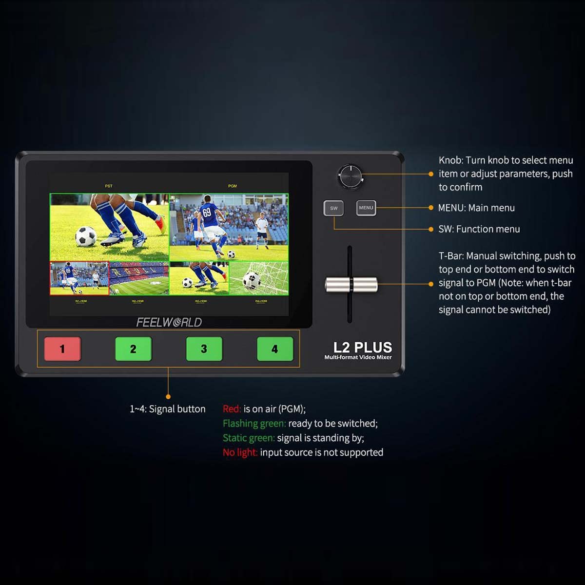 Feelworld L2 Plus 5.5'' Lcd Multi Camera Video Mixer Switcher With Touch Screen Ptz Control Chroma Key Usb3.0 For Live Streaming