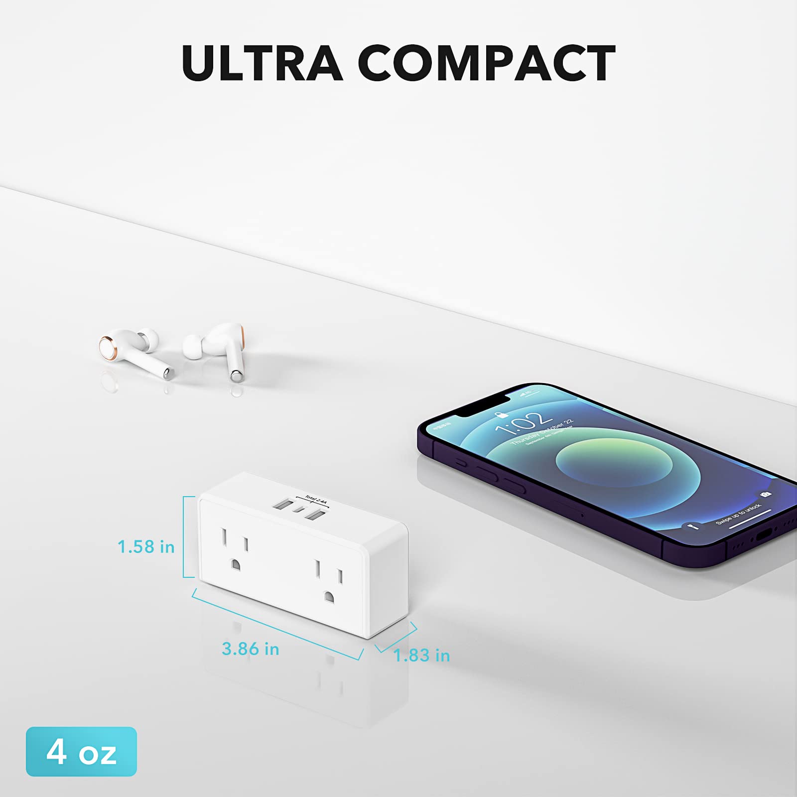 Bn-Link Multi Plug Outlet, Outlet Extender With 2 Usb-A 1 Usb-C 2 Ac Oulets, 3 Prong Outlet Splitter For Dorm, School, Office, H