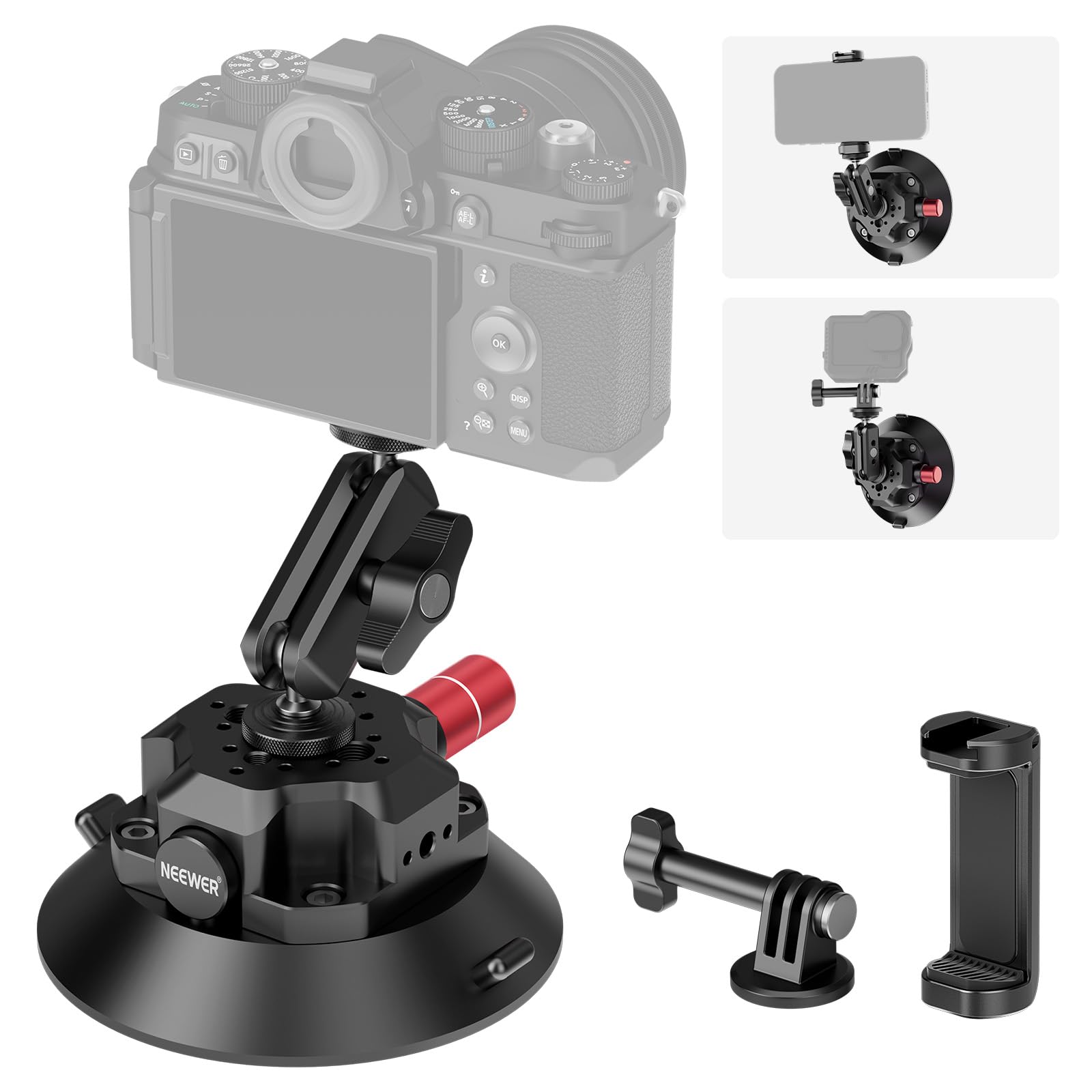 Neewer 4.5'' Suction Cup Camera Mount With Ball Head Magic Arm, 1/4'' 3/8'' Arri Holes, Quick Release Car Mount With Phone Holde