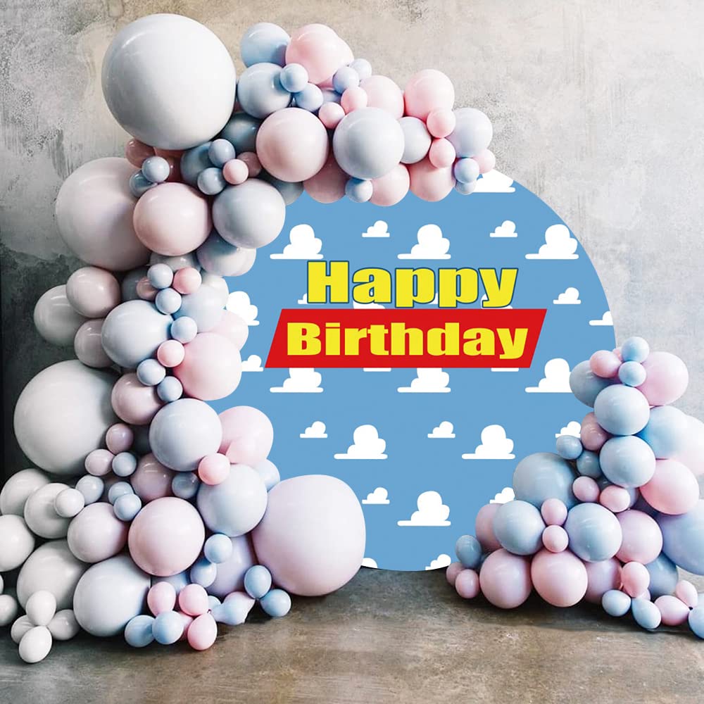 Leyiyi 7.2X7.2Ft Cartoon Happy Birthday Round Backdrop Blue Sky White Clouds Round Background For Photography Children Kids Baby