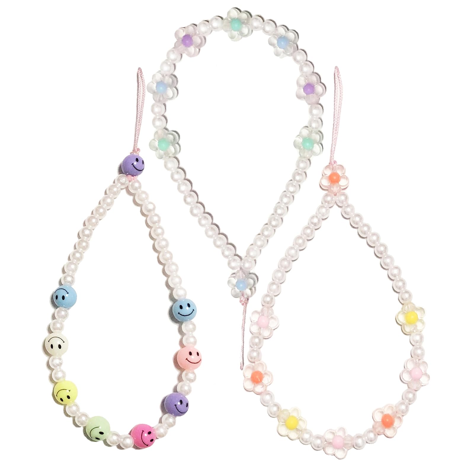 Holaoct 3Pcs Phone Charm,Cute Smiley Face Phone Charms Strap Beaded Keychain Pearl Phone Case Lanyards For Women