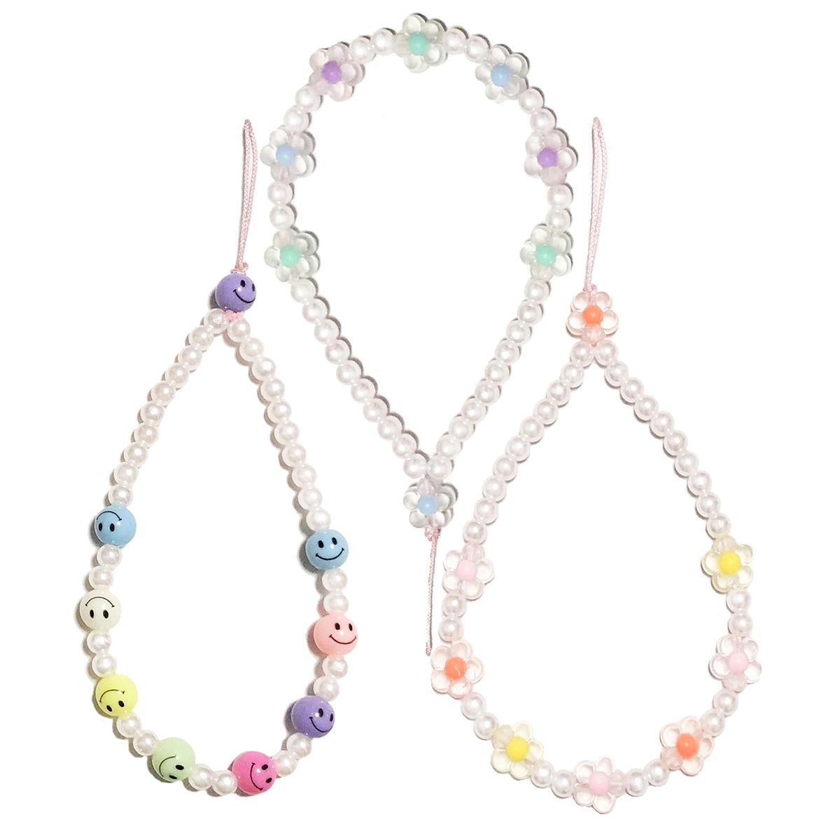 Holaoct 3Pcs Phone Charm,Cute Smiley Face Phone Charms Strap Beaded Keychain Pearl Phone Case Lanyards For Women