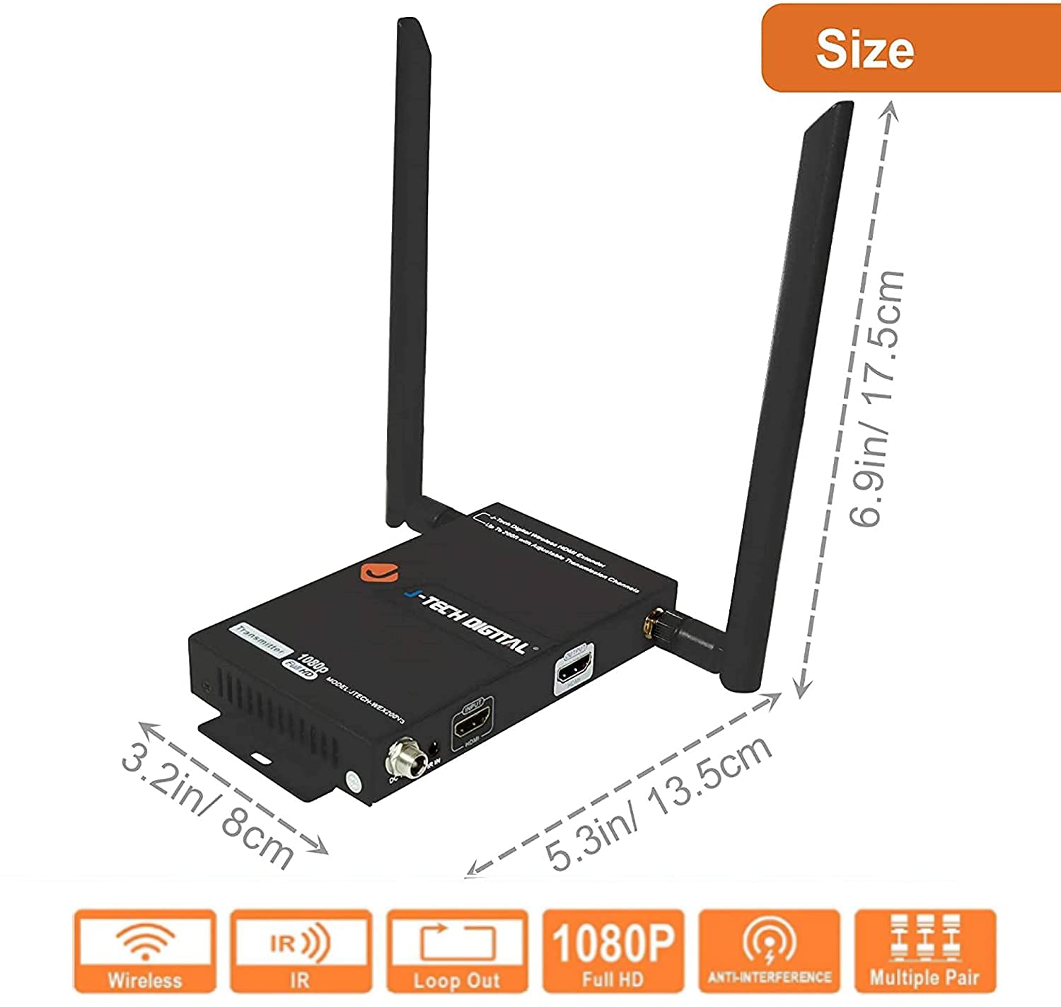 J Tech Digital Wireless Hdmi Extender 1X2 Up To 200Ft 1080P With Hdmi Loop Output Ir Passthrough (1Tx + 1Rx)