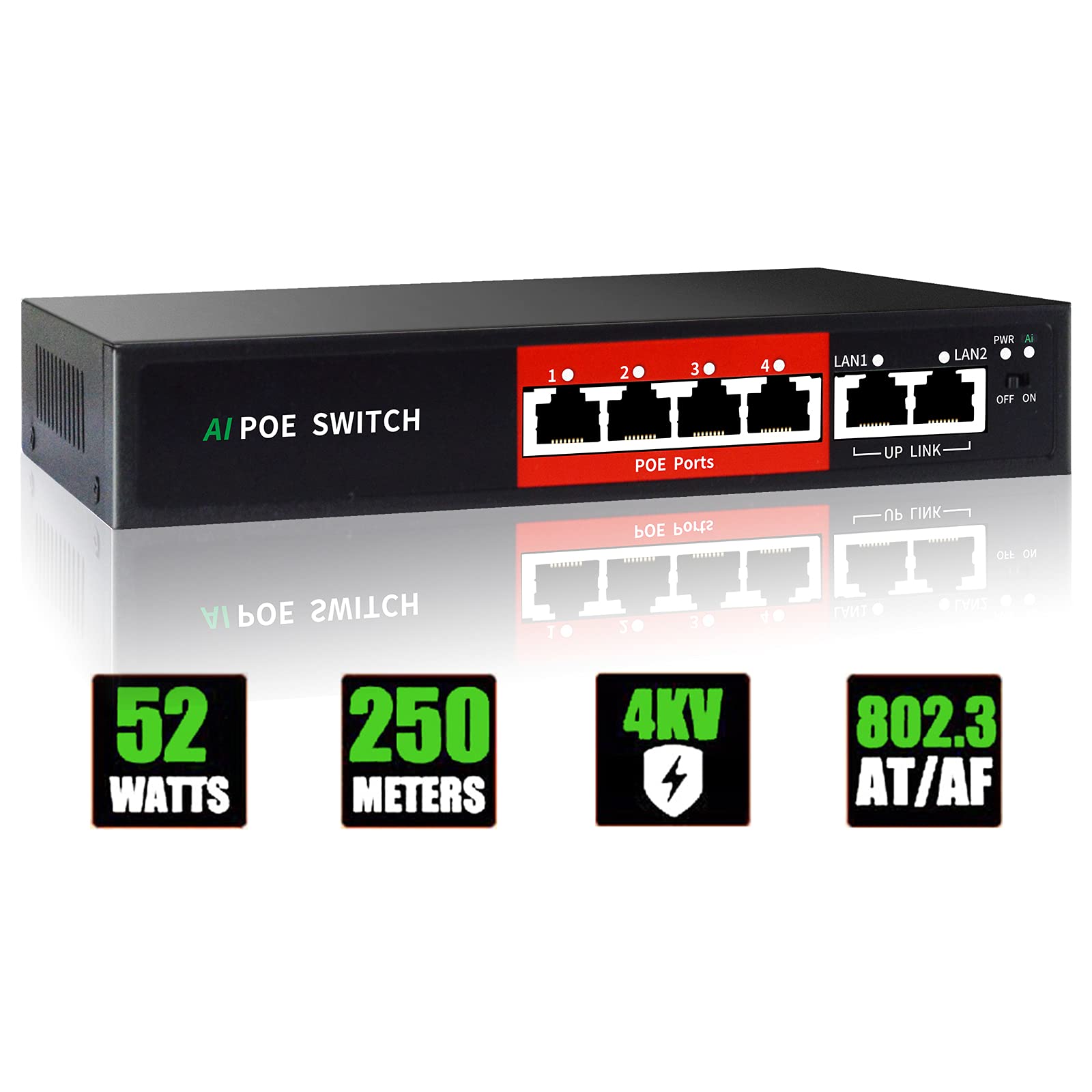Steamemo Ai Poe Switch, 52V 52W (4 Poe Ports +2 Uplink) 100Mbps,802.3Af/At, Unmanaged Network Extender Power Over Ethernet For I
