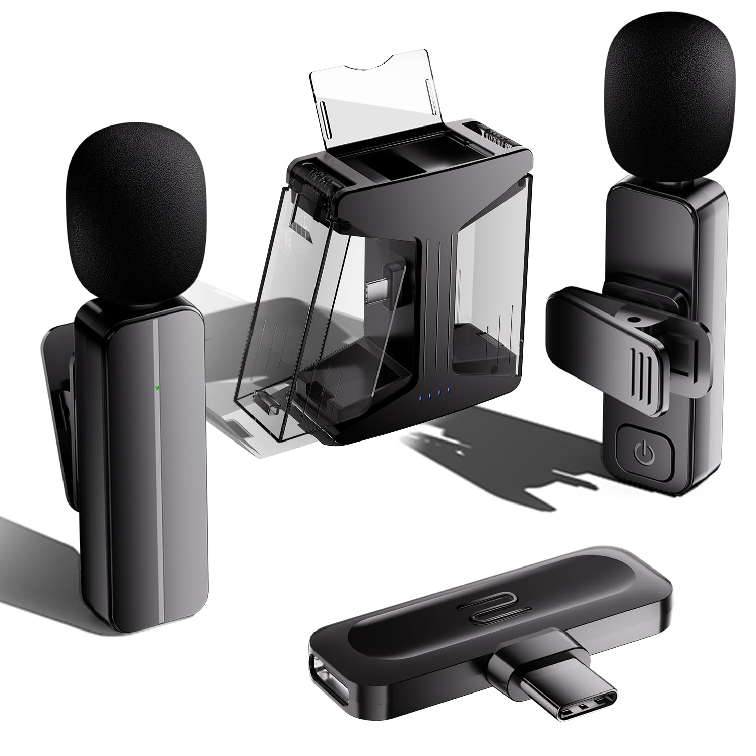 2 Pack Wireless Mini Lavalier Lapel Microphone for iPhone 15,16,Android Phone w/ Case - 65ft Cordless Clip on Dual Mics with Noi