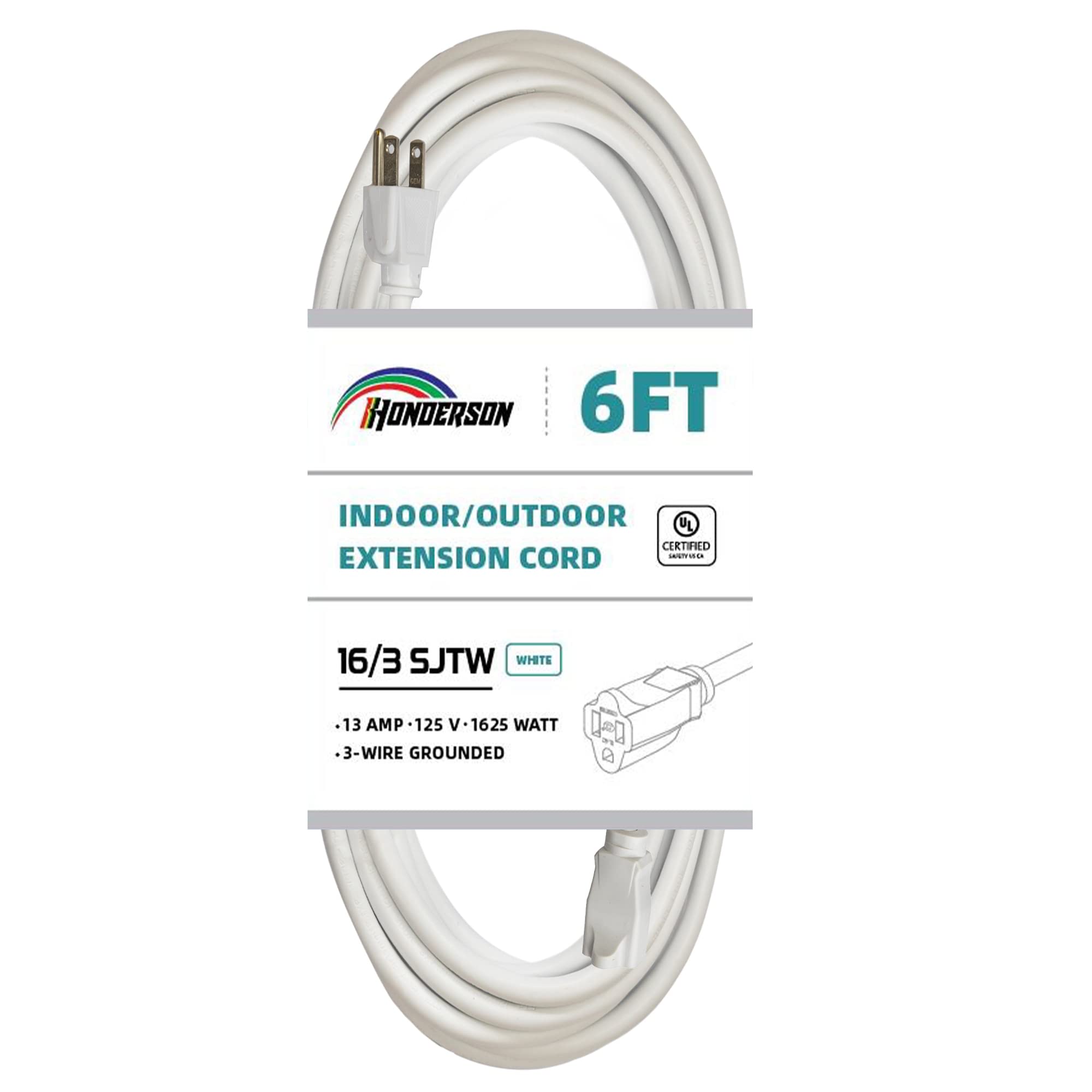 Honderson Indoor Outdoor Extension Cord Weatherproof, Ul Listed, 16 Gauge 6Ft White 3 Prong Heavy Duty, 16/3 Sjtw 13A Power Cord
