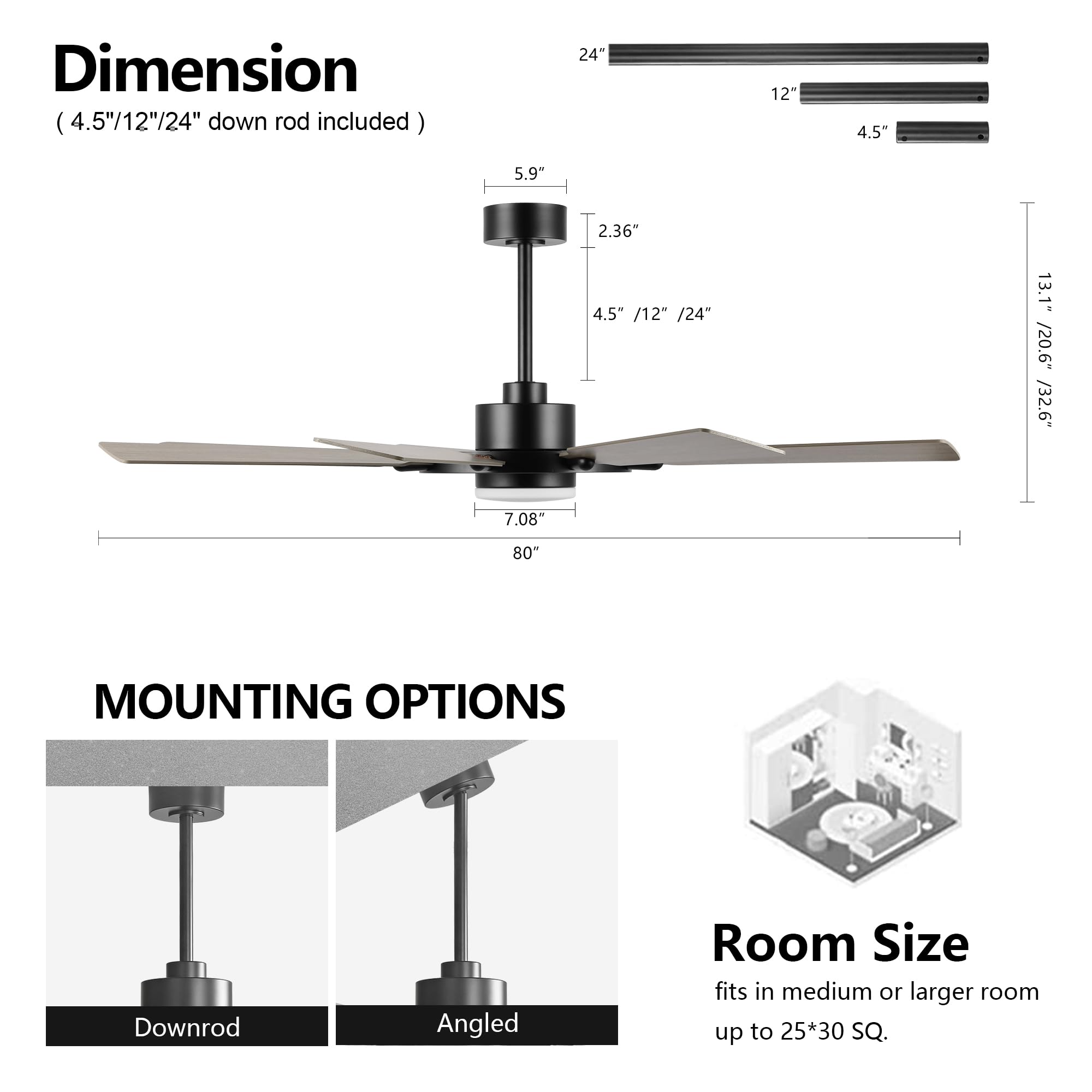 80'' Ceiling Fan With Lights And Remote Control, Wood 8 Blades 6 Speed Noiseless Reversible Dc Motor, 3 Downrods, Modern Indoor/